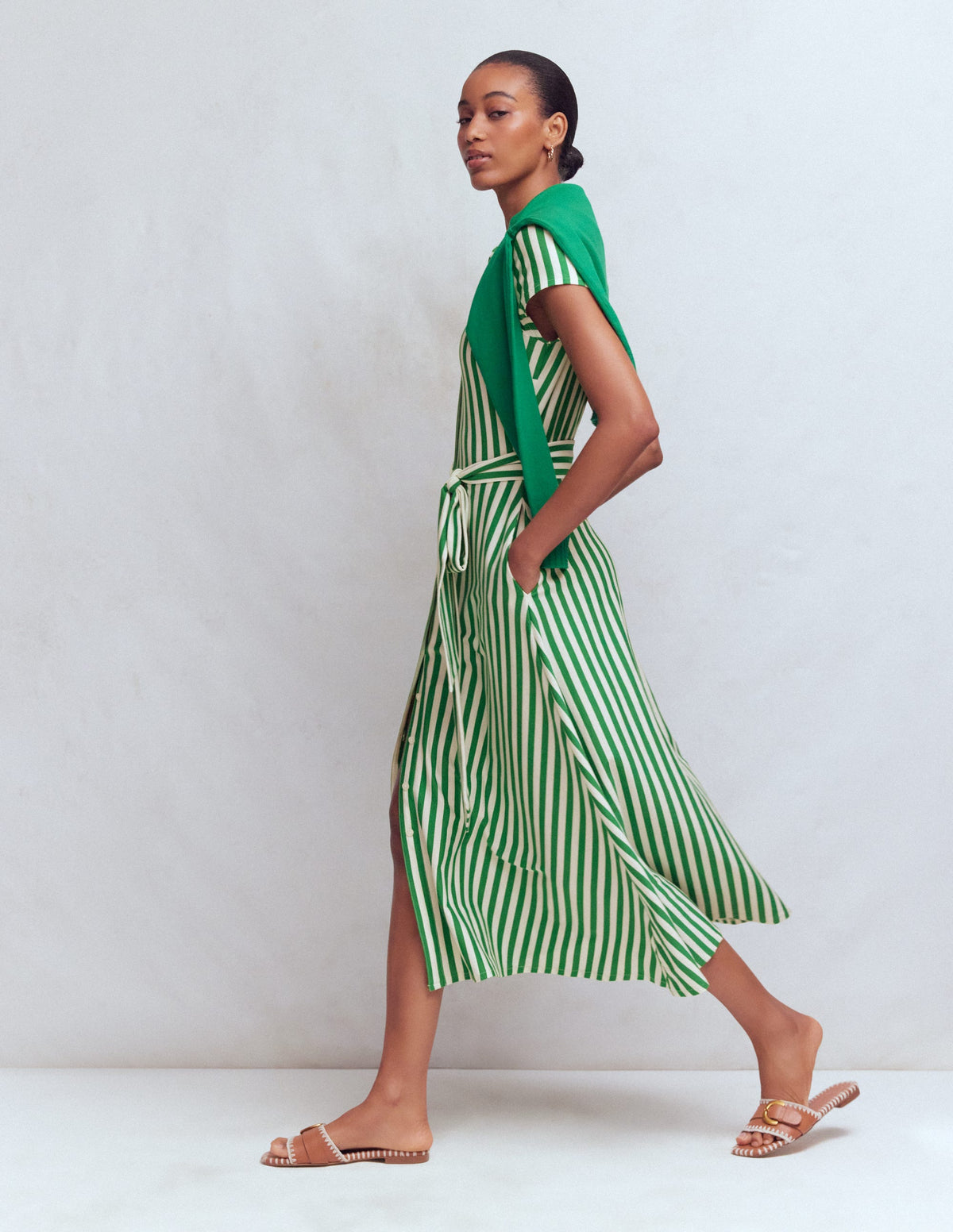 Marcia Jersey-Hemdblusenkleid-Grün und Naturweiß Streifen-5