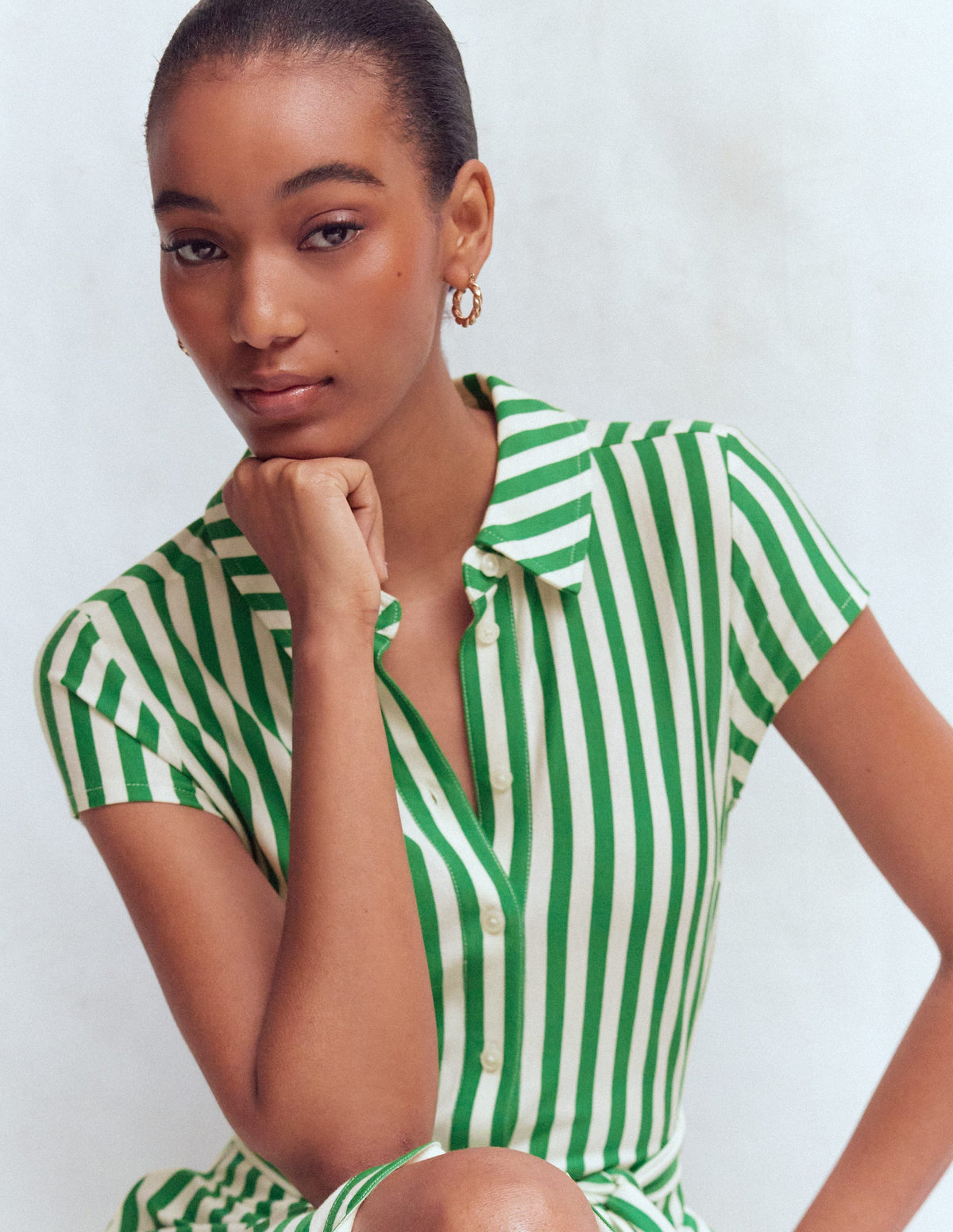 Marcia Jersey-Hemdblusenkleid-Grün und Naturweiß Streifen-6