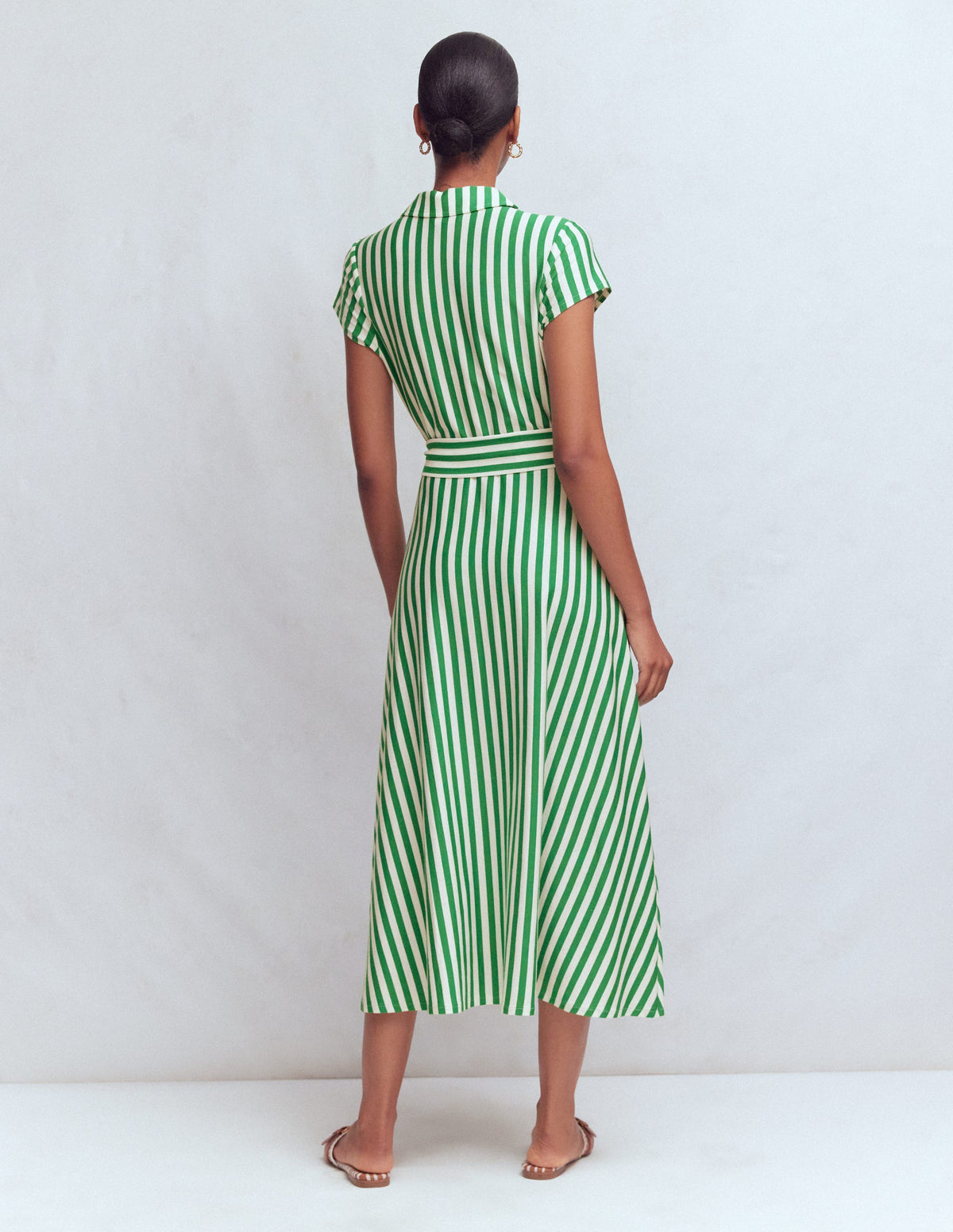 Marcia Jersey-Hemdblusenkleid-Grün und Naturweiß Streifen-8