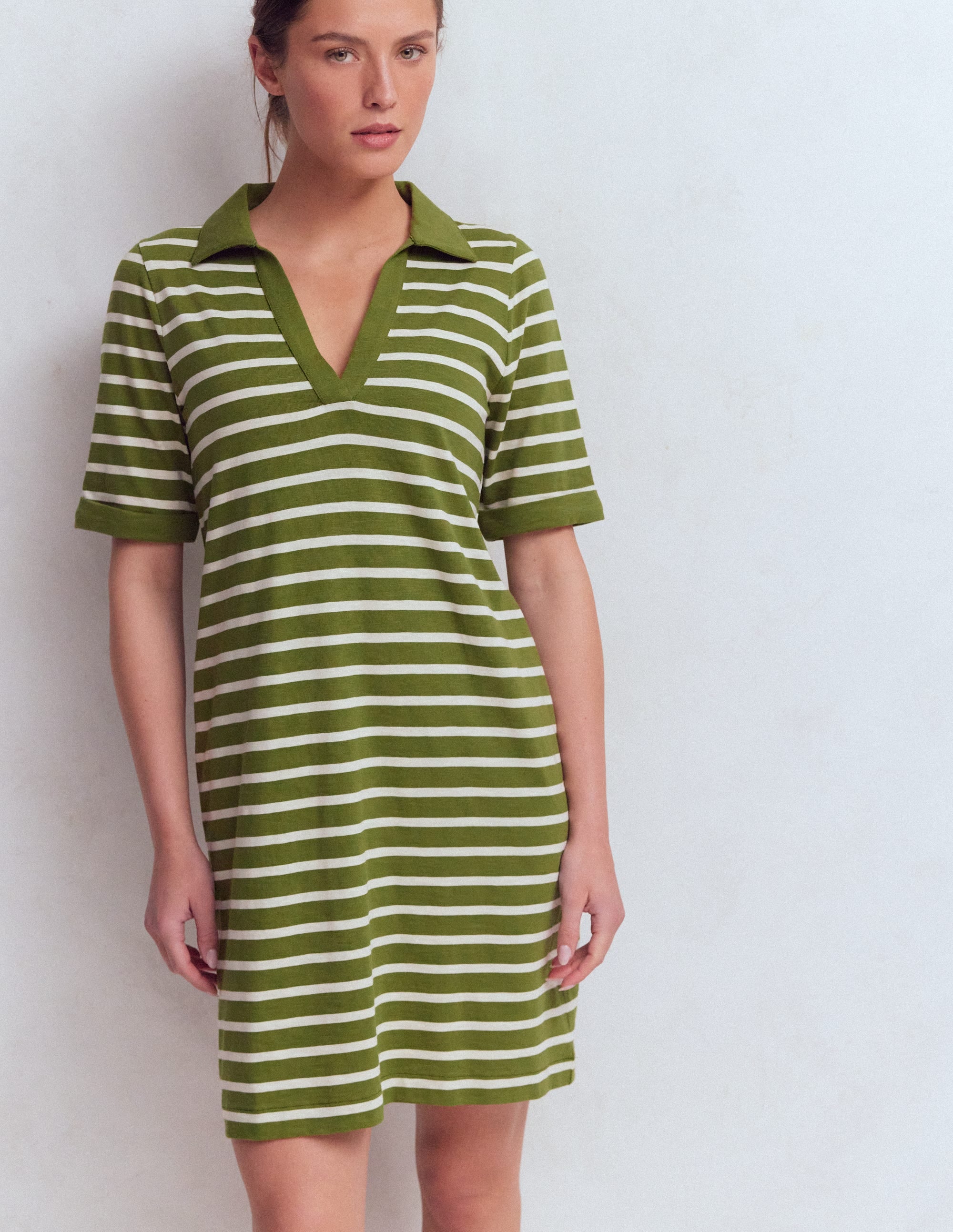 Tilda Jersey T-shirt Dress-Olive and Ivory Stripe - Image 1
