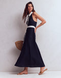 Robe longue dos-nu en lin mélangé-Bleu marine ivoire