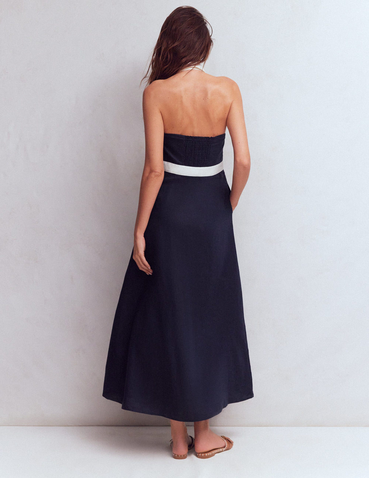 Robe longue dos-nu en lin mélangé-Bleu marine ivoire - Image 3
