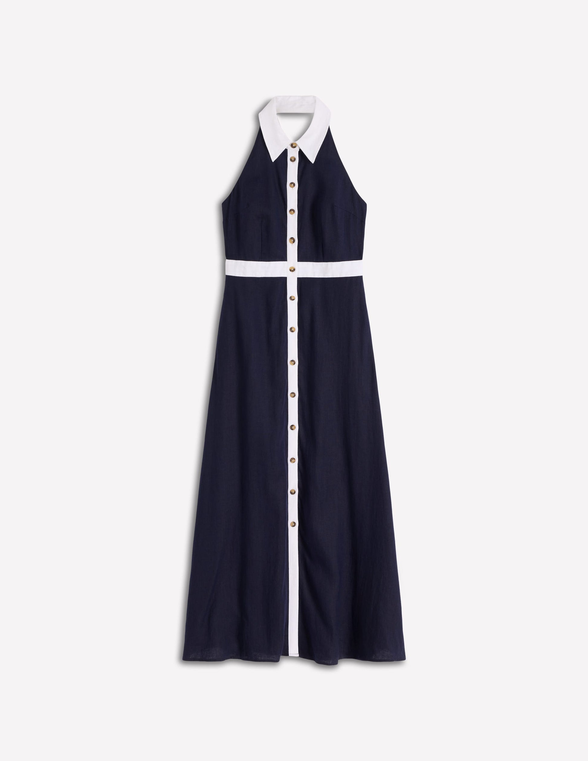 Robe longue dos-nu en lin mélangé-Bleu marine ivoire-6