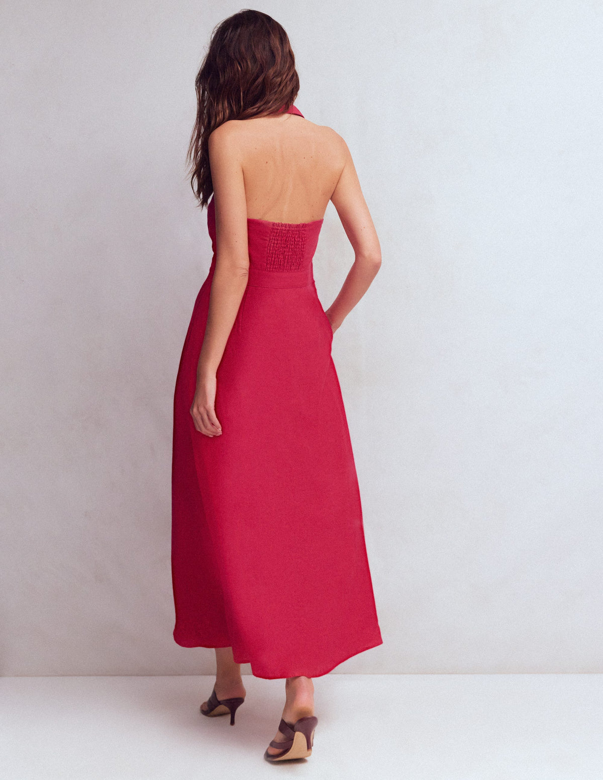 Neckholder-Maxikleid aus Leinenmischgewebe-Granatapfel-3