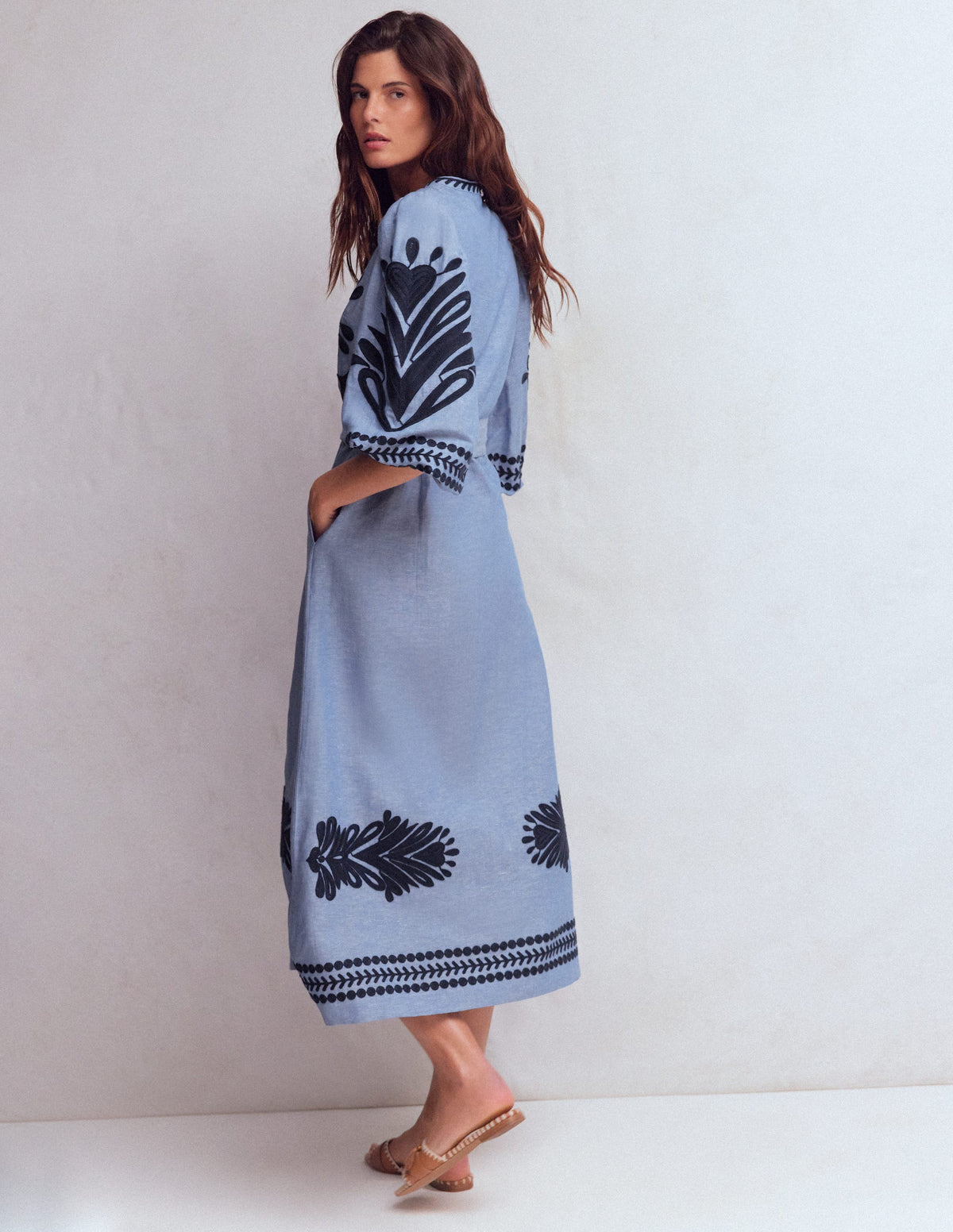 Octavia Linen Blend Dress-Embroidered Chambray-3