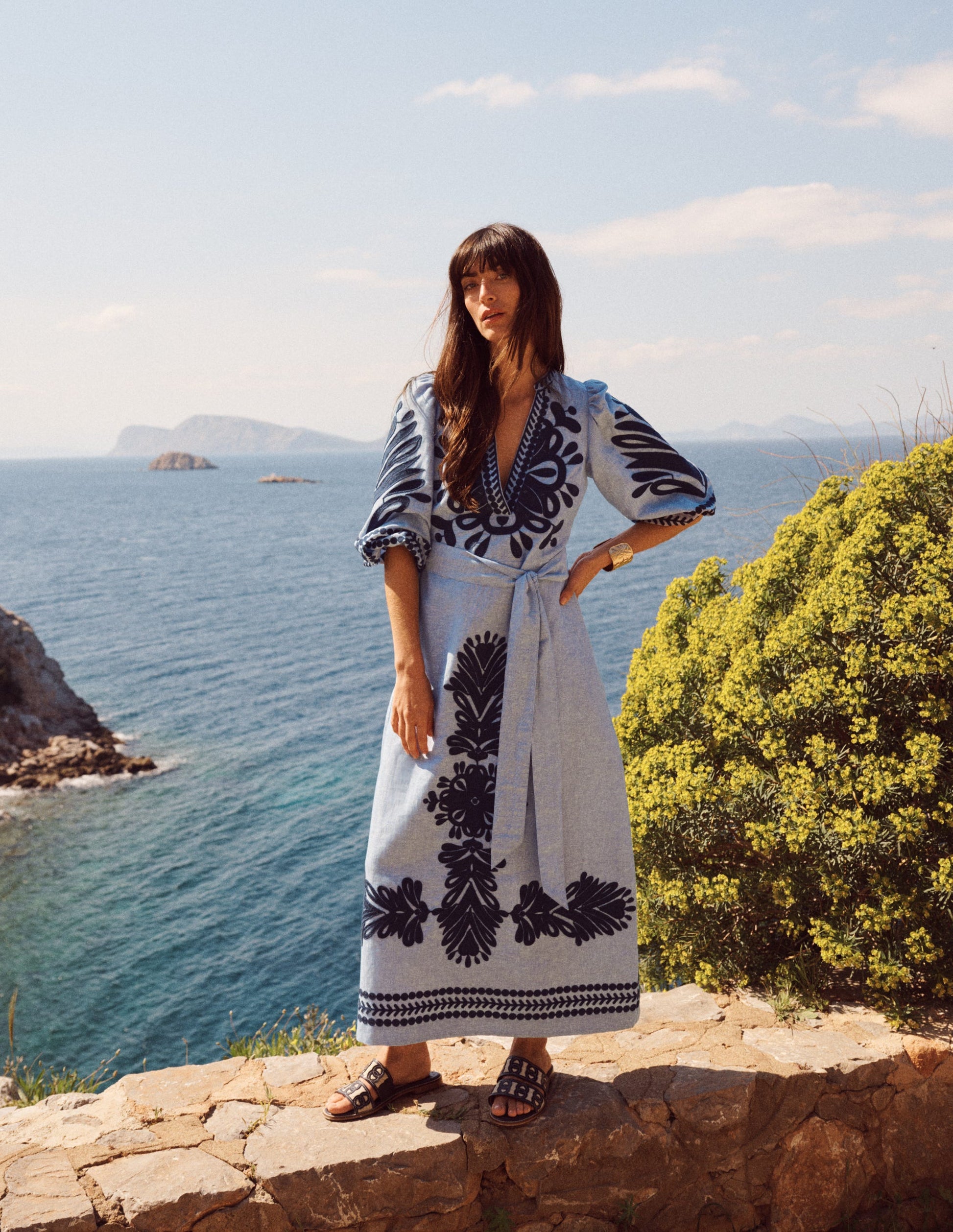 Octavia Linen Blend Dress-Embroidered Chambray-6