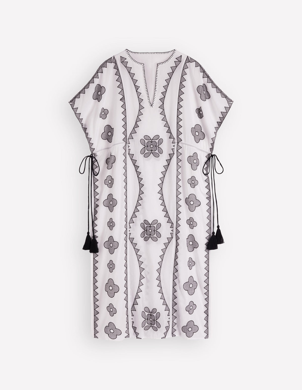 Seitlich gebundenes Kaftankleid-Weiß Schwarz Stickerei - Image 6