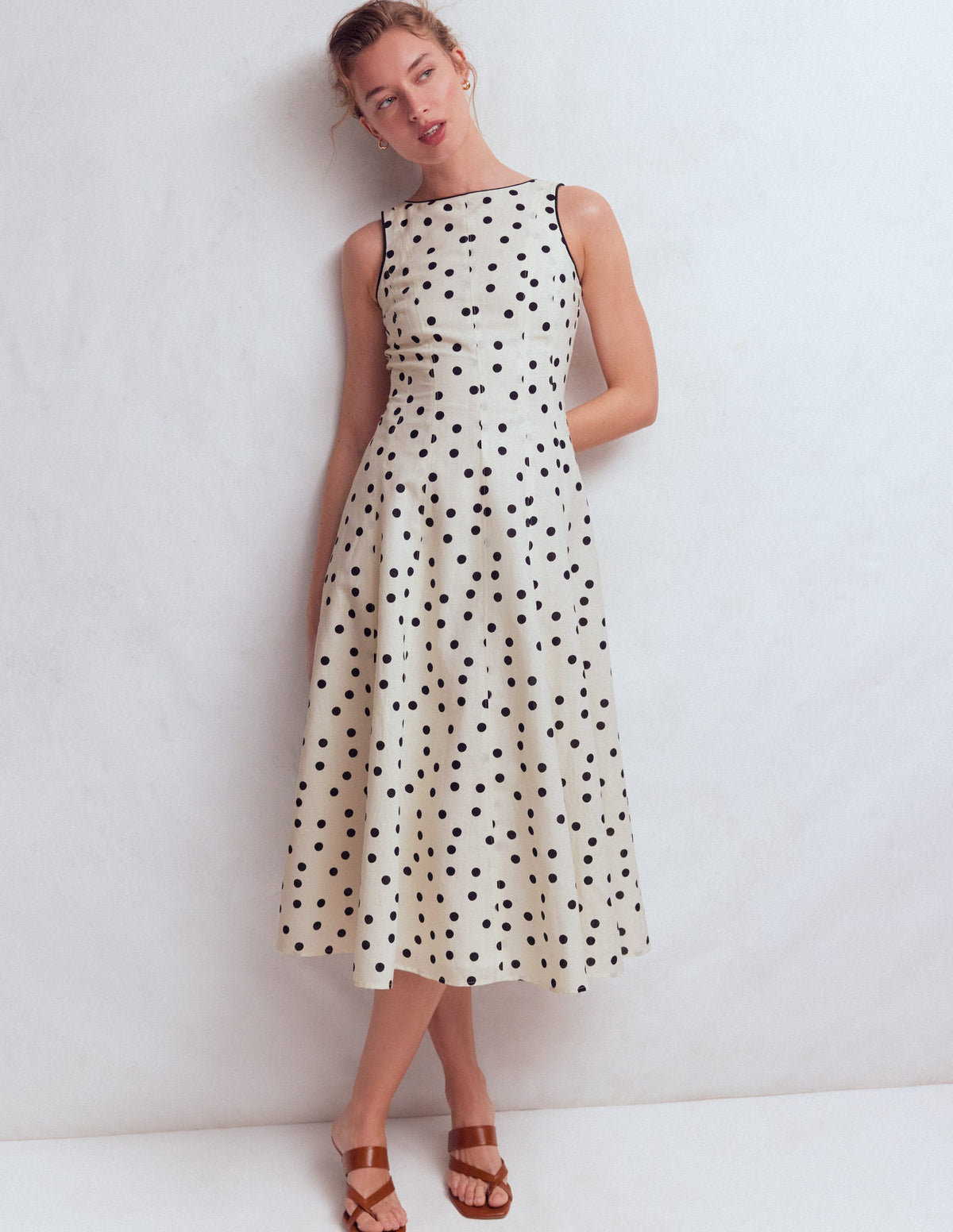 Annet Midikleid aus Leinenmischgewebe-Naturweiß Gemalte Tupfen-4