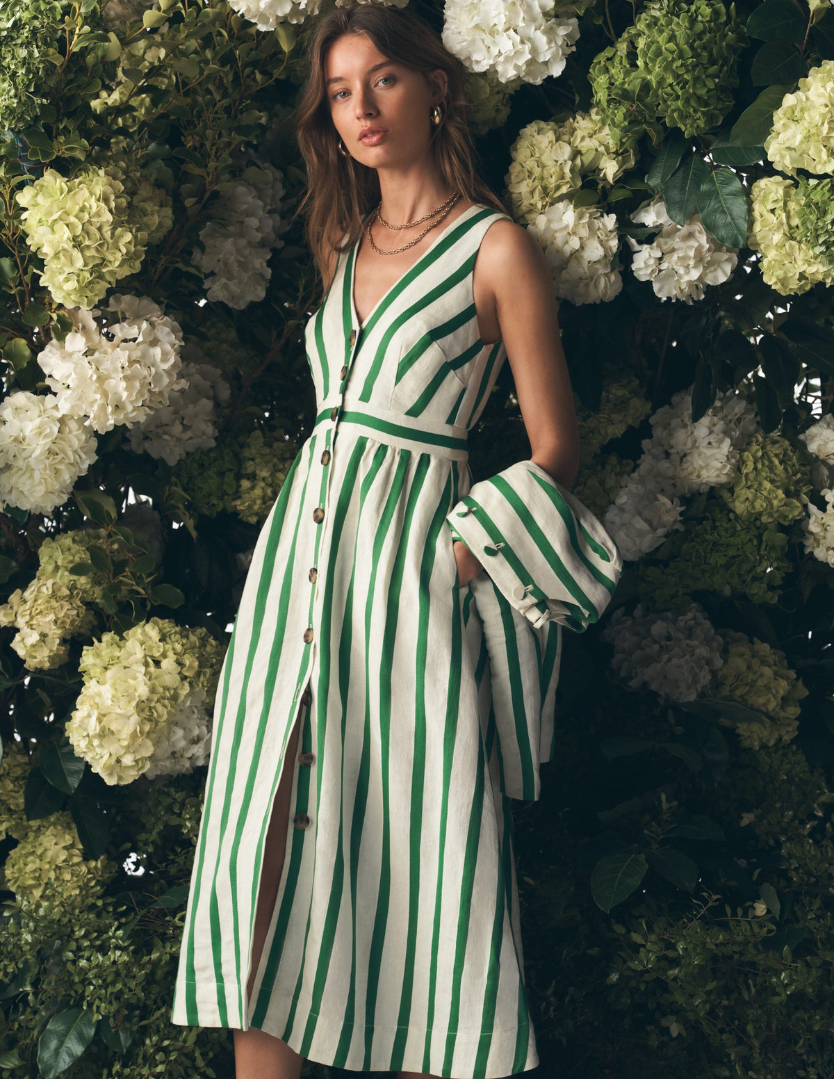 Catherine Leinenkleid mit Knöpfen-Naturweiß und Grün Satin Streifen - Image 1