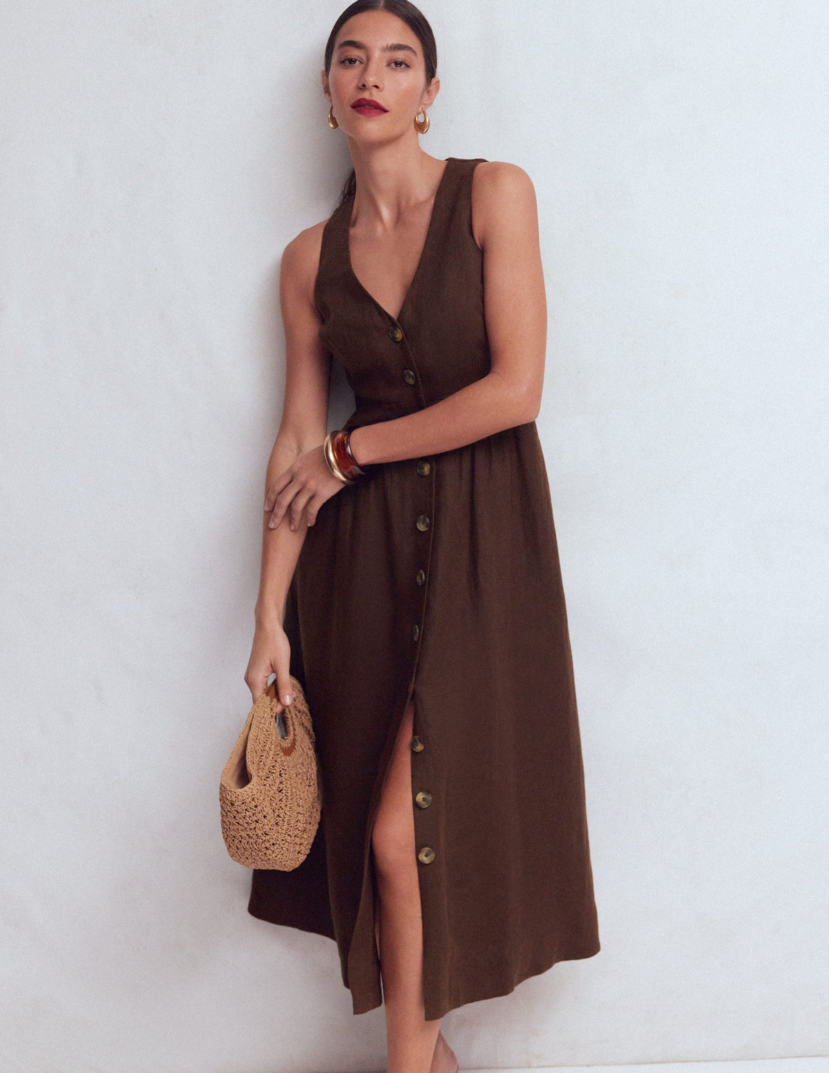 Catherine Button Linen Dress-Bitter Chocolate-1