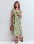 Heidi Gerafftes Jerseykleid mit Kordel-Olivgrün, Elegante Blüten
