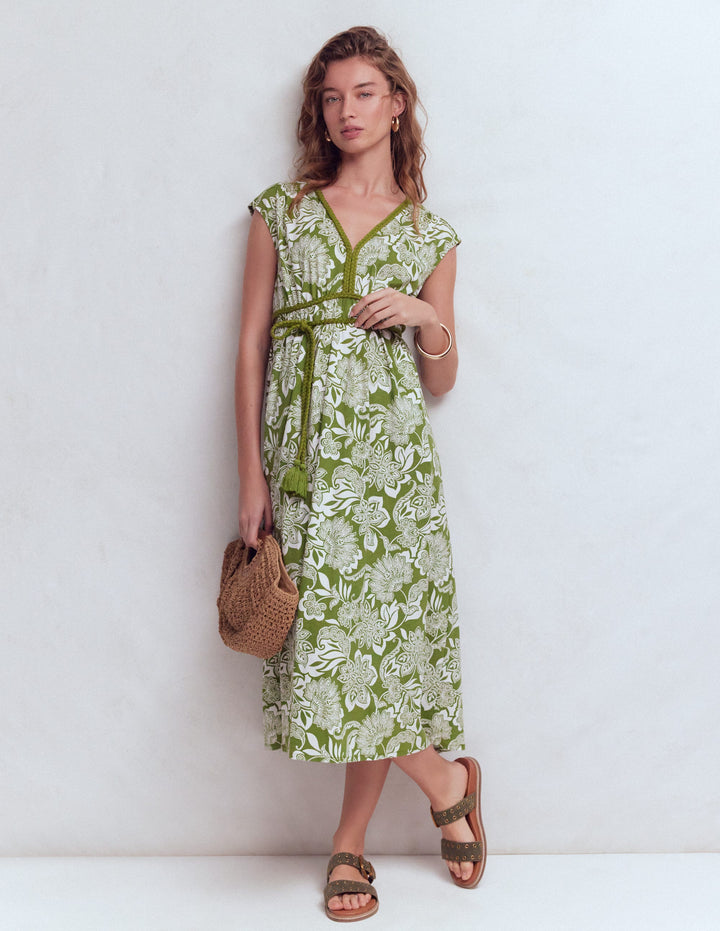 Heidi Gerafftes Jerseykleid mit Kordel-Olivgrün, Elegante Blüten