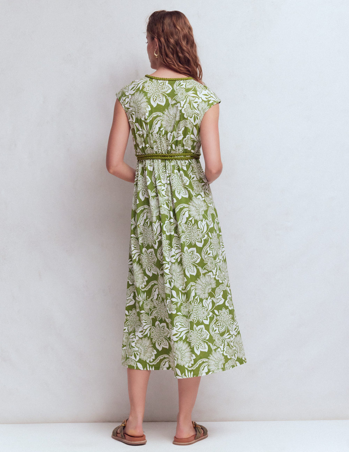 Heidi Gerafftes Jerseykleid mit Kordel-Olivgrün, Elegante Blüten-3