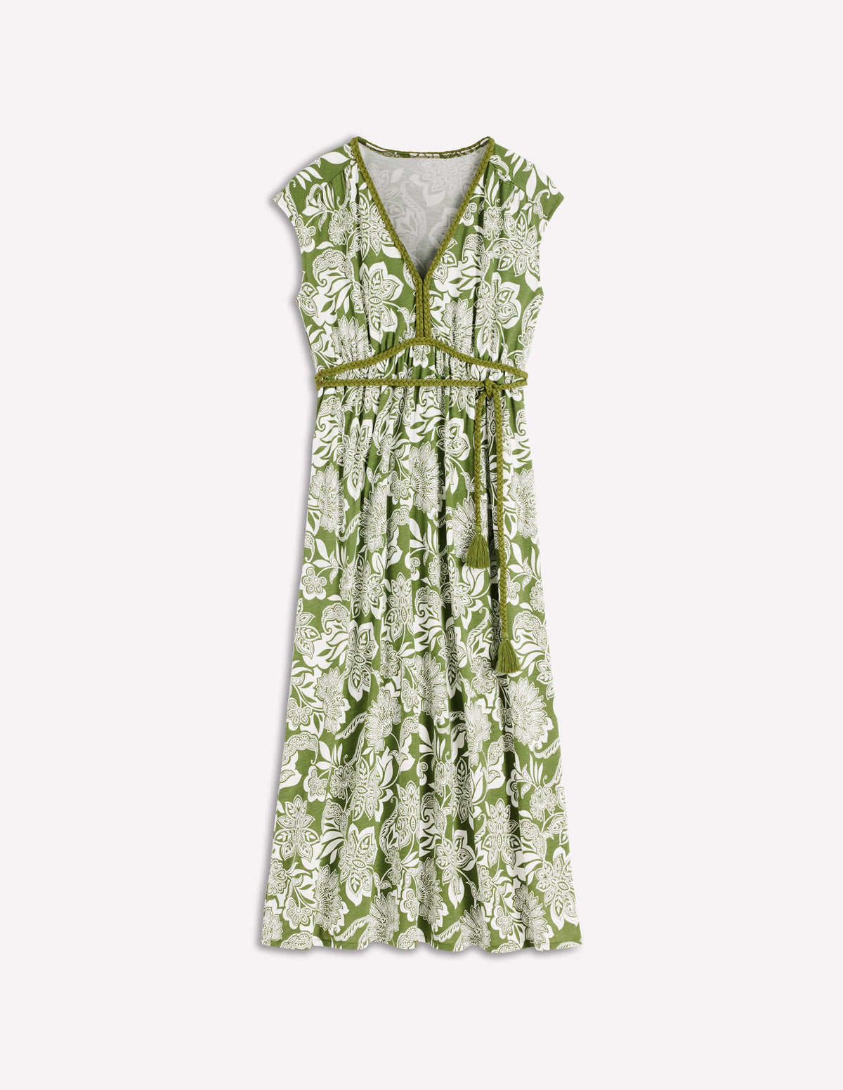 Heidi Gerafftes Jerseykleid mit Kordel-Olivgrün, Elegante Blüten - Image 6