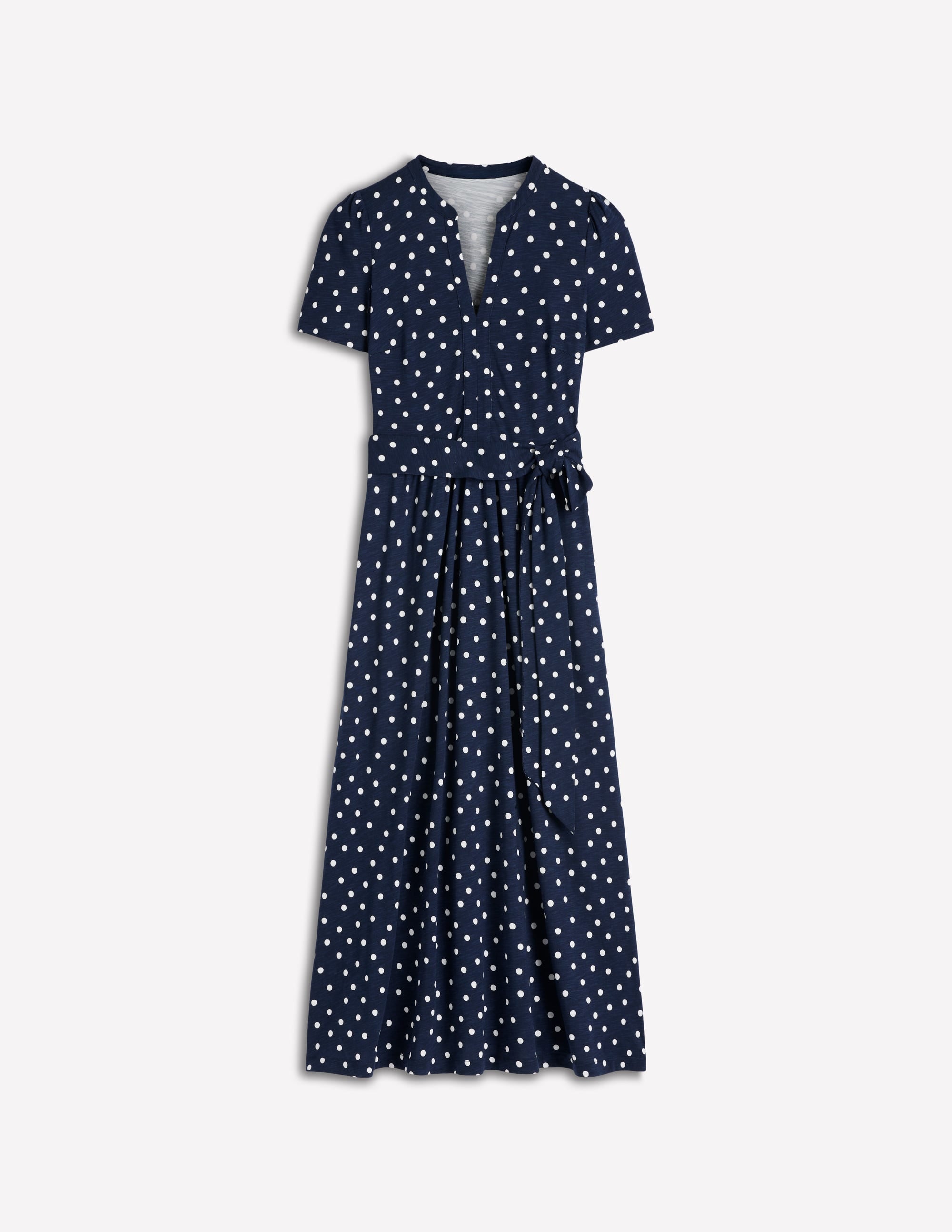 Naomi Jersey-Midikleid-Marineblau und Naturweiß, Gemalte Tupfen - Image 6