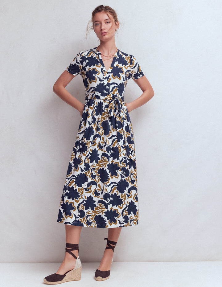 Naomi Jersey-Midikleid-Französisches Marineblau, Schattenblüte