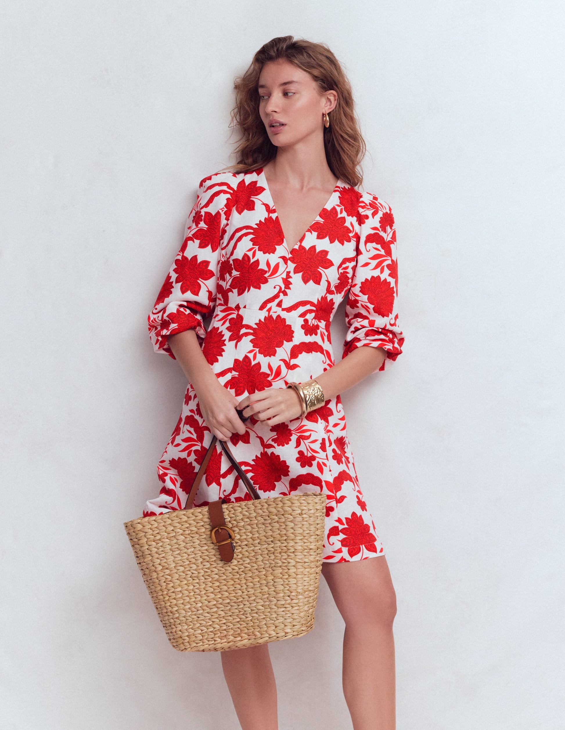 Marla Kurzes Kleid aus Leinenmischgewebe-Rot Elegante Blüten-5