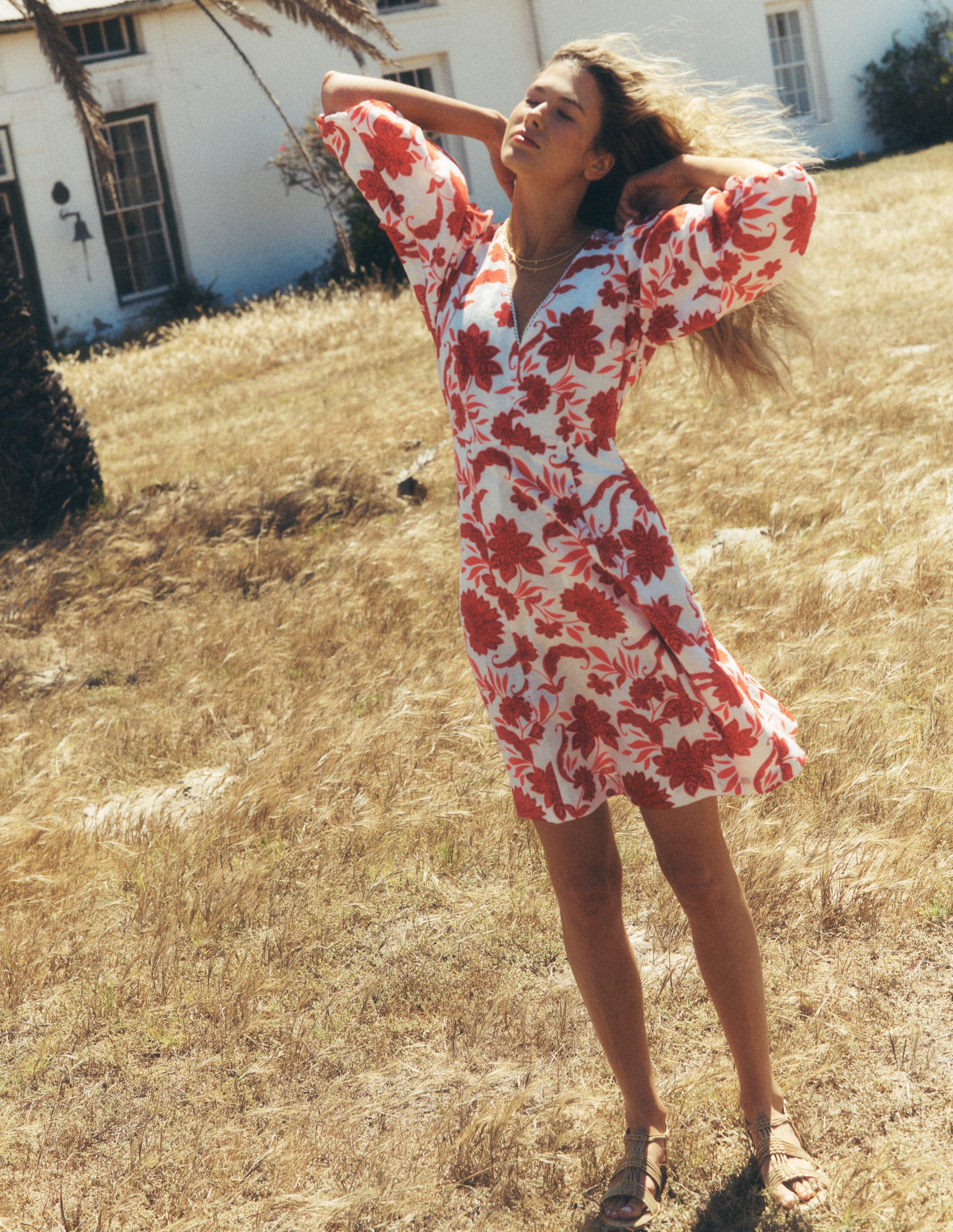 Marla Kurzes Kleid aus Leinenmischgewebe-Rot Elegante Blüten-6