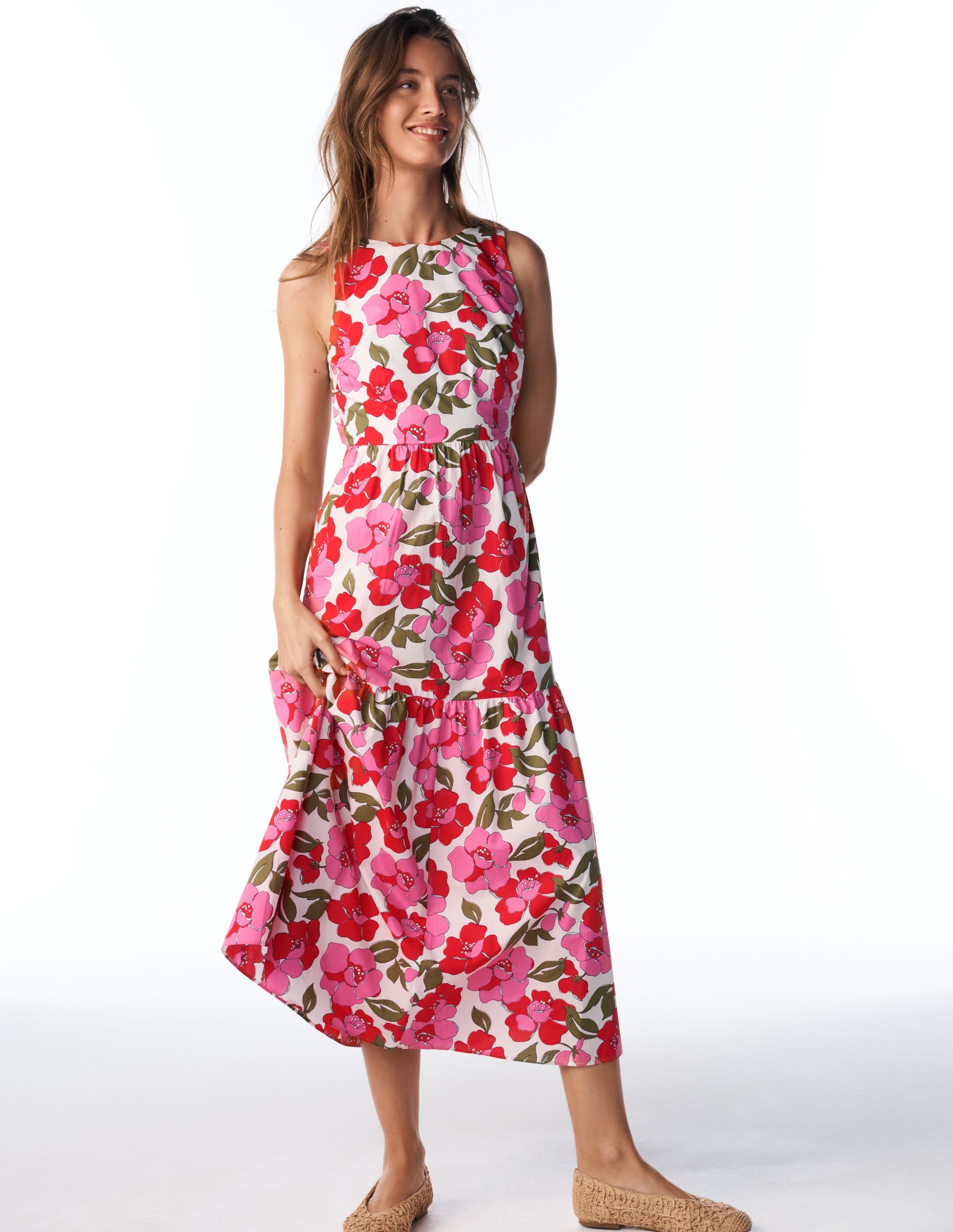 Robe sans manches en popeline-Rouge, motif Radiant Bloom - Image 1