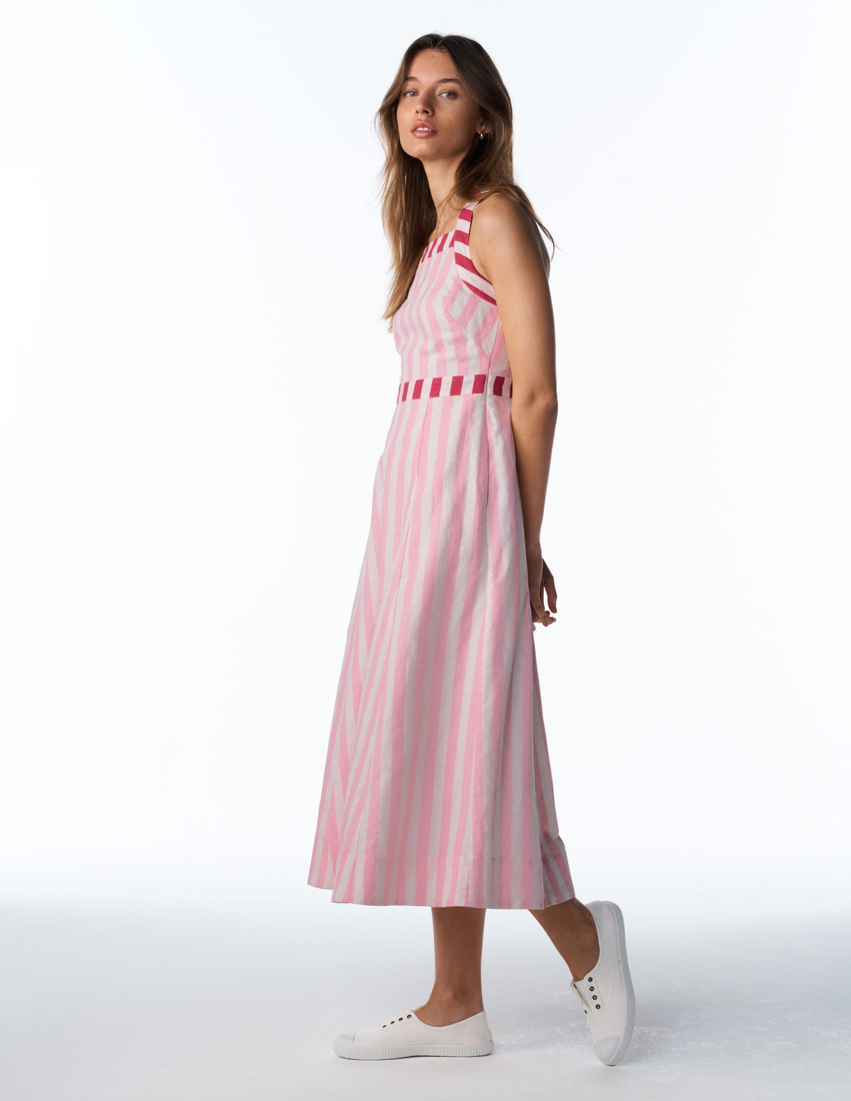 Robe croisée dans le dos en lin mélangé-Rayé rose orchidée - Image 1