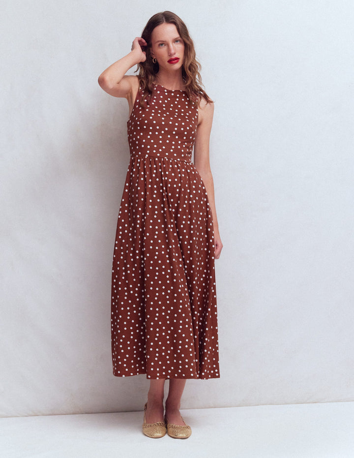 Saoirse Kleid mit gesmokter Rückenpartie-Rostbraun, Gemalte Tupfen