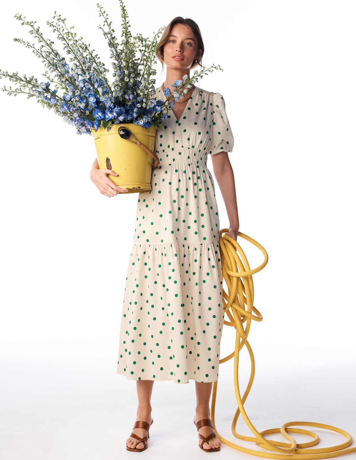 Robe Irene en coton à manches bouffantes-Papyrus, pois peints espacés-1