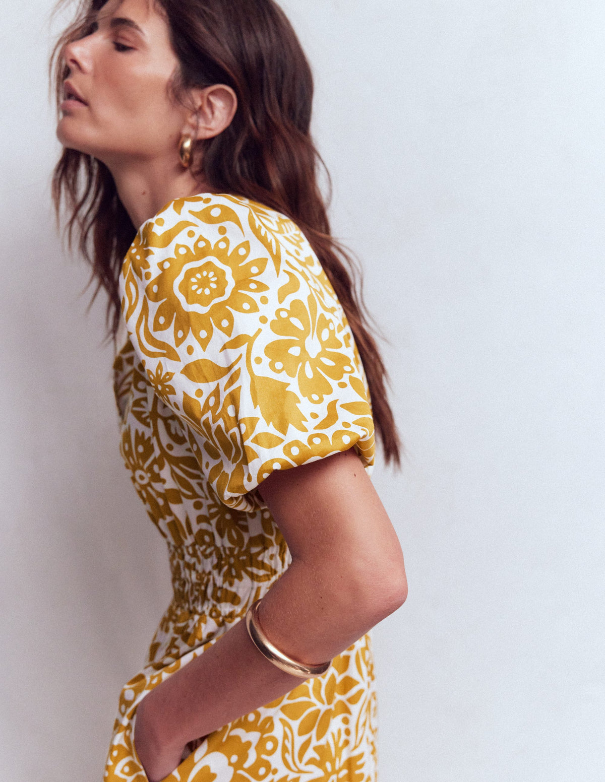 Irene Puff Sleeve Cotton Dress-Gold Wheat, Meadow Scatter - Image 3