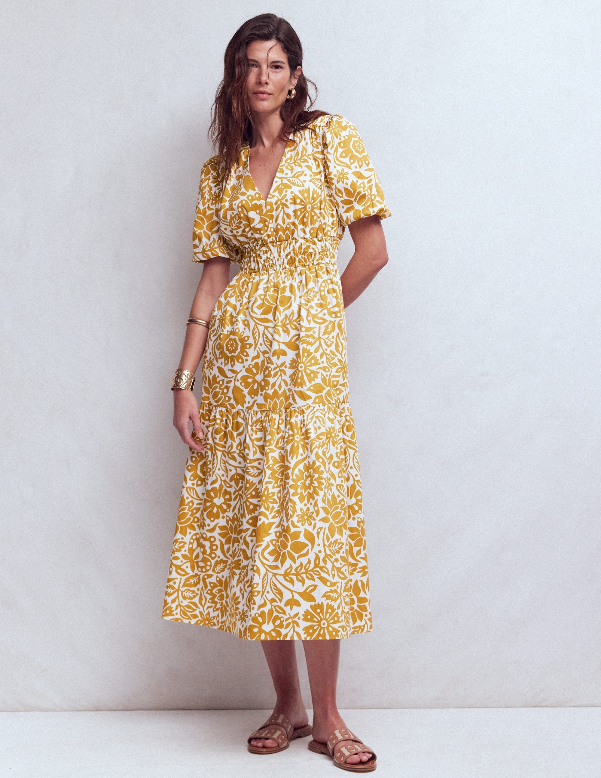 Irene Puff Sleeve Cotton Dress-Gold Wheat, Meadow Scatter - Image 1
