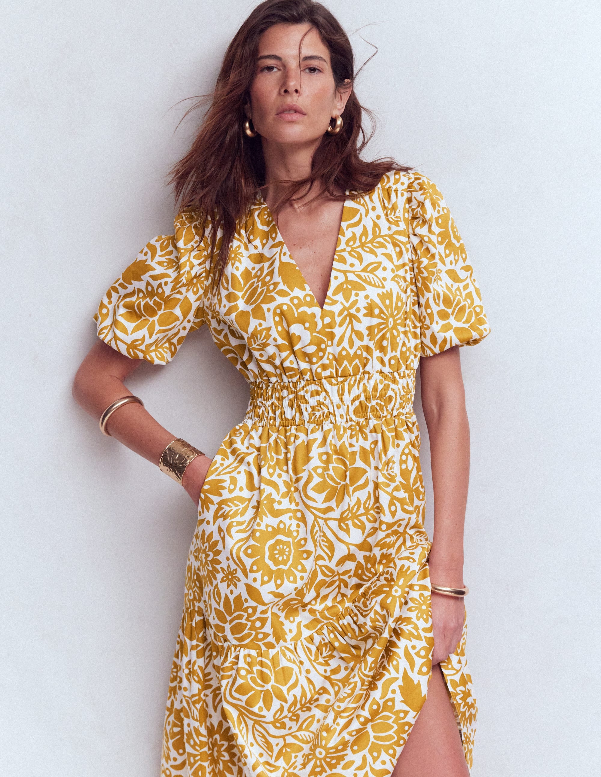 Irene Puff Sleeve Cotton Dress-Gold Wheat, Meadow Scatter - Image 5