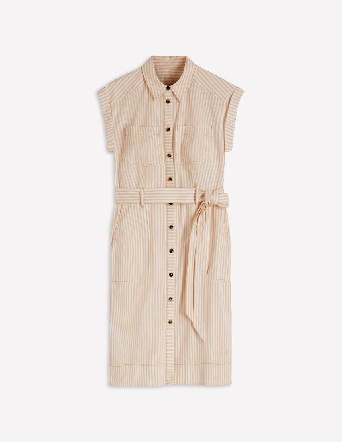Kurzes Hemdblusenkleid mit Gürtel-Braun, Naturweiß Drillich Streifen-7