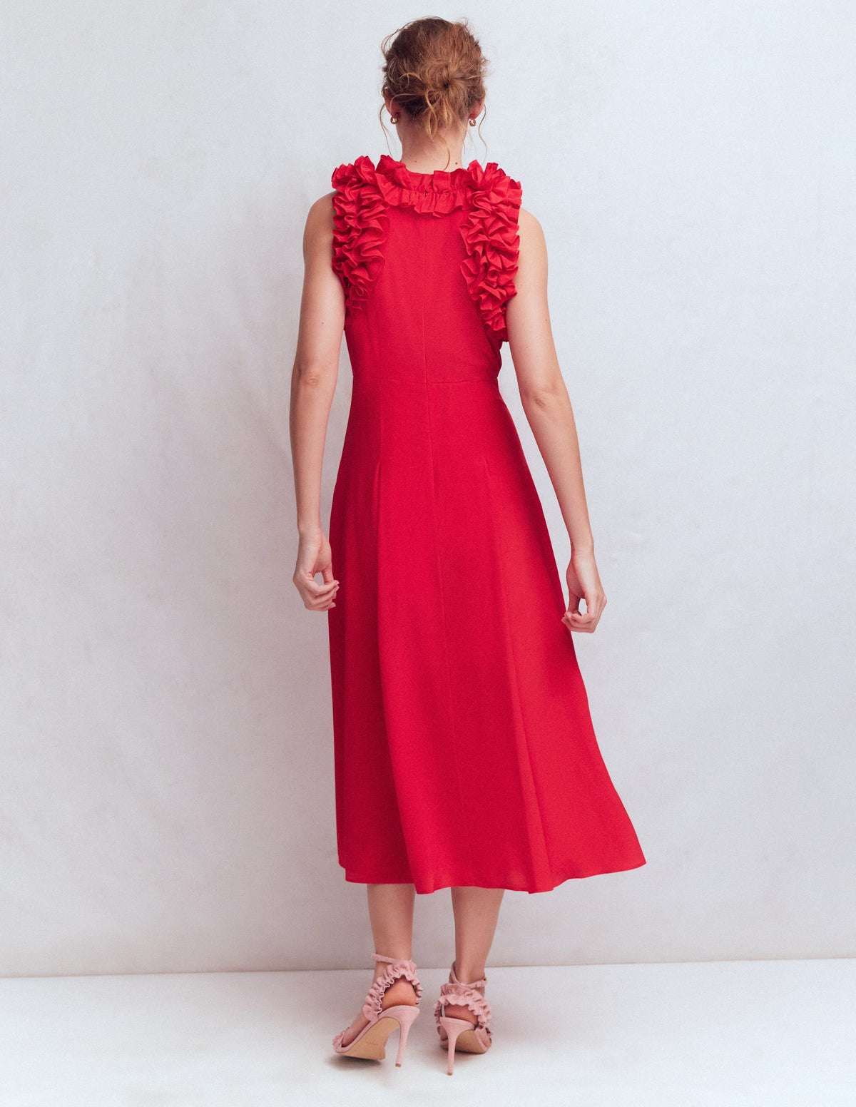 Midi-Seidenkleid mit Rüschen-ROT-3