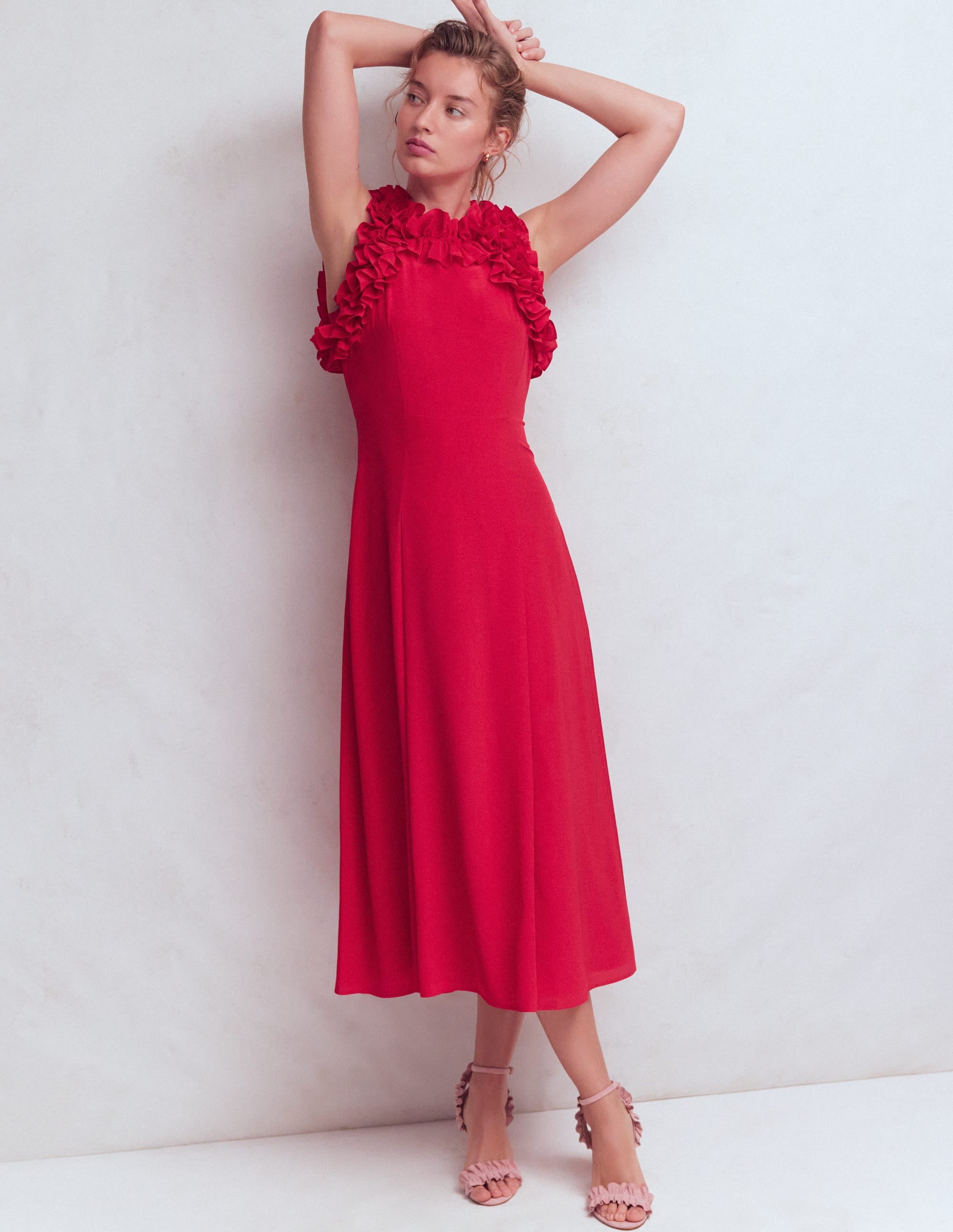 Midi-Seidenkleid mit Rüschen-ROT - Image 4