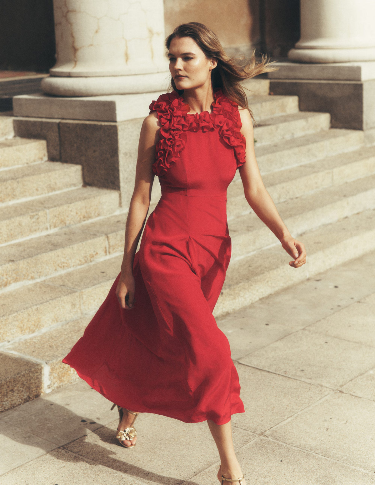 Midi-Seidenkleid mit Rüschen-ROT - Image 5