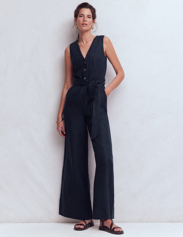 Laura Leinen-Jumpsuit mit V-Ausschnitt-Marineblau