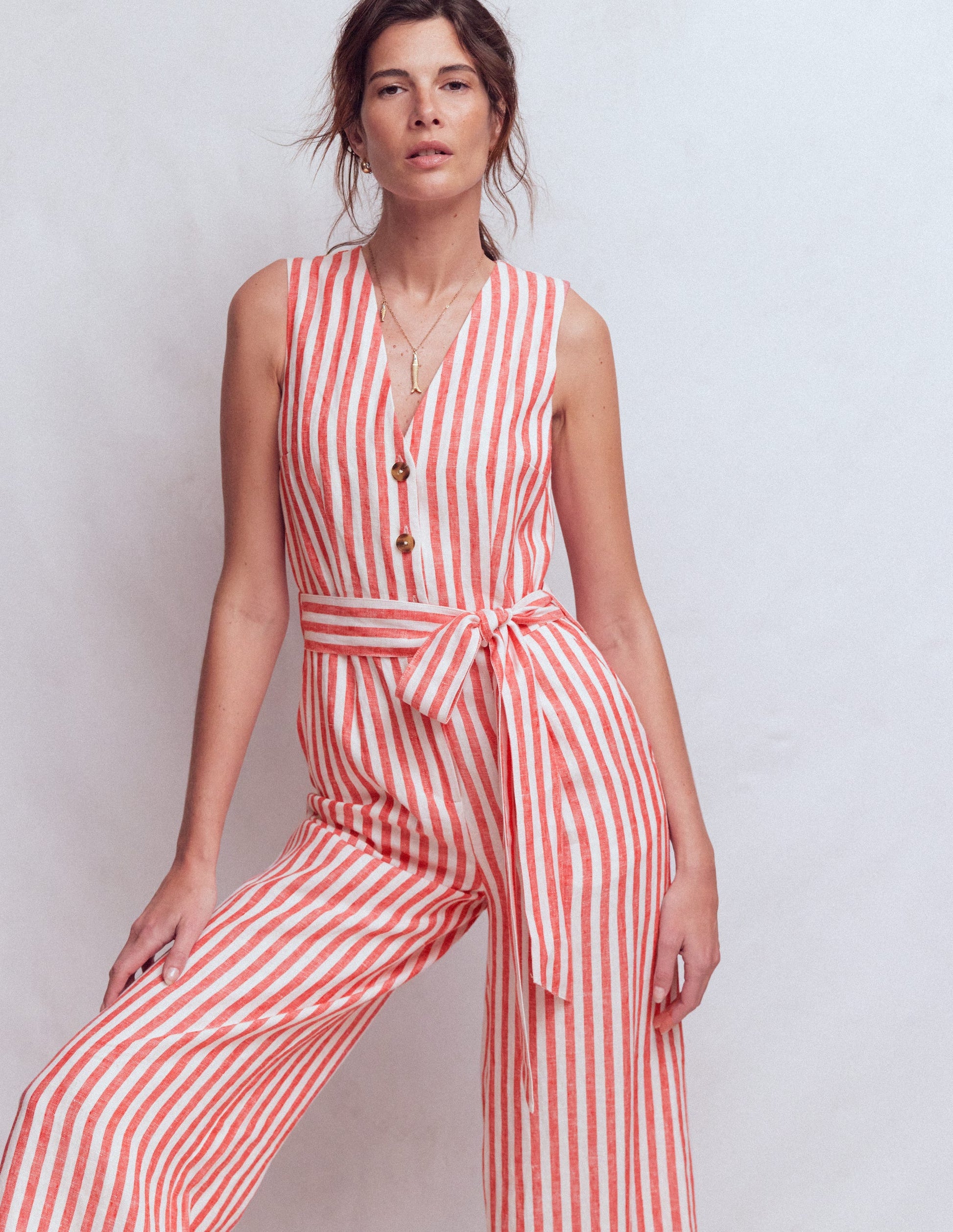Laura V-neck Linen Jumpsuit-Red, Ivory Stripe-1