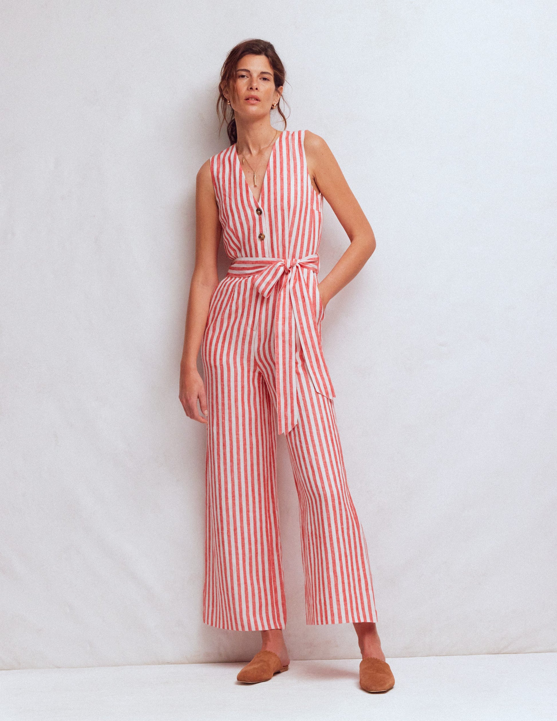 Laura V-neck Linen Jumpsuit-Red, Ivory Stripe-5