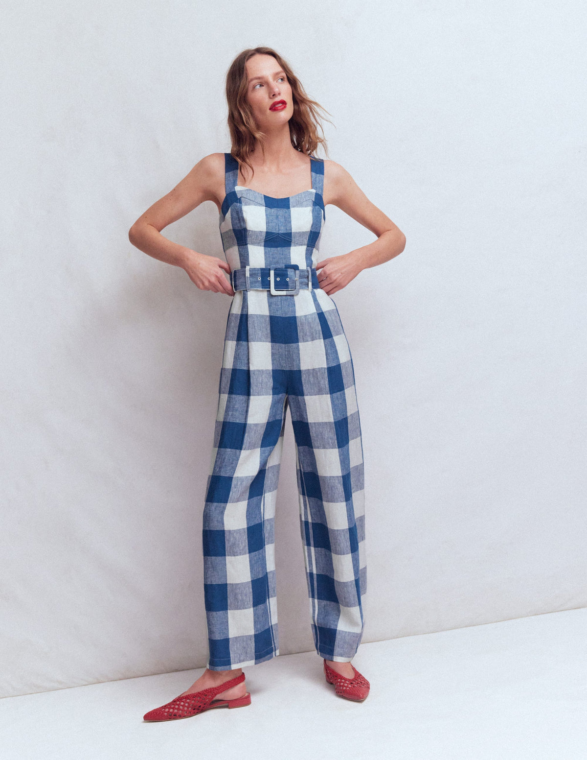Leinen-Jumpsuit mit  Einsätzen am Oberteil-Denimblau Vichykaro - Image 1