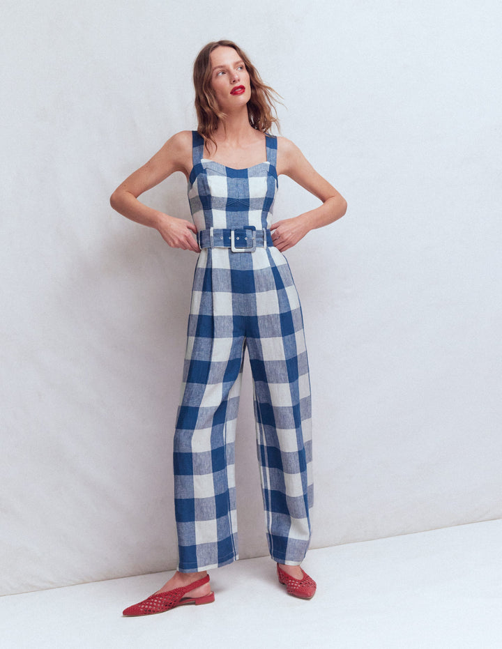 Leinen-Jumpsuit mit  Einsätzen am Oberteil-Denimblau Vichykaro
