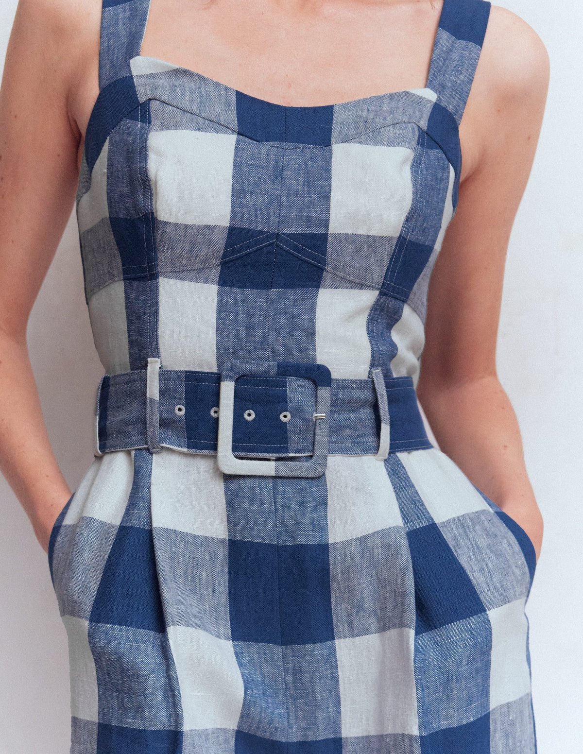 Leinen-Jumpsuit mit  Einsätzen am Oberteil-Denimblau Vichykaro-2