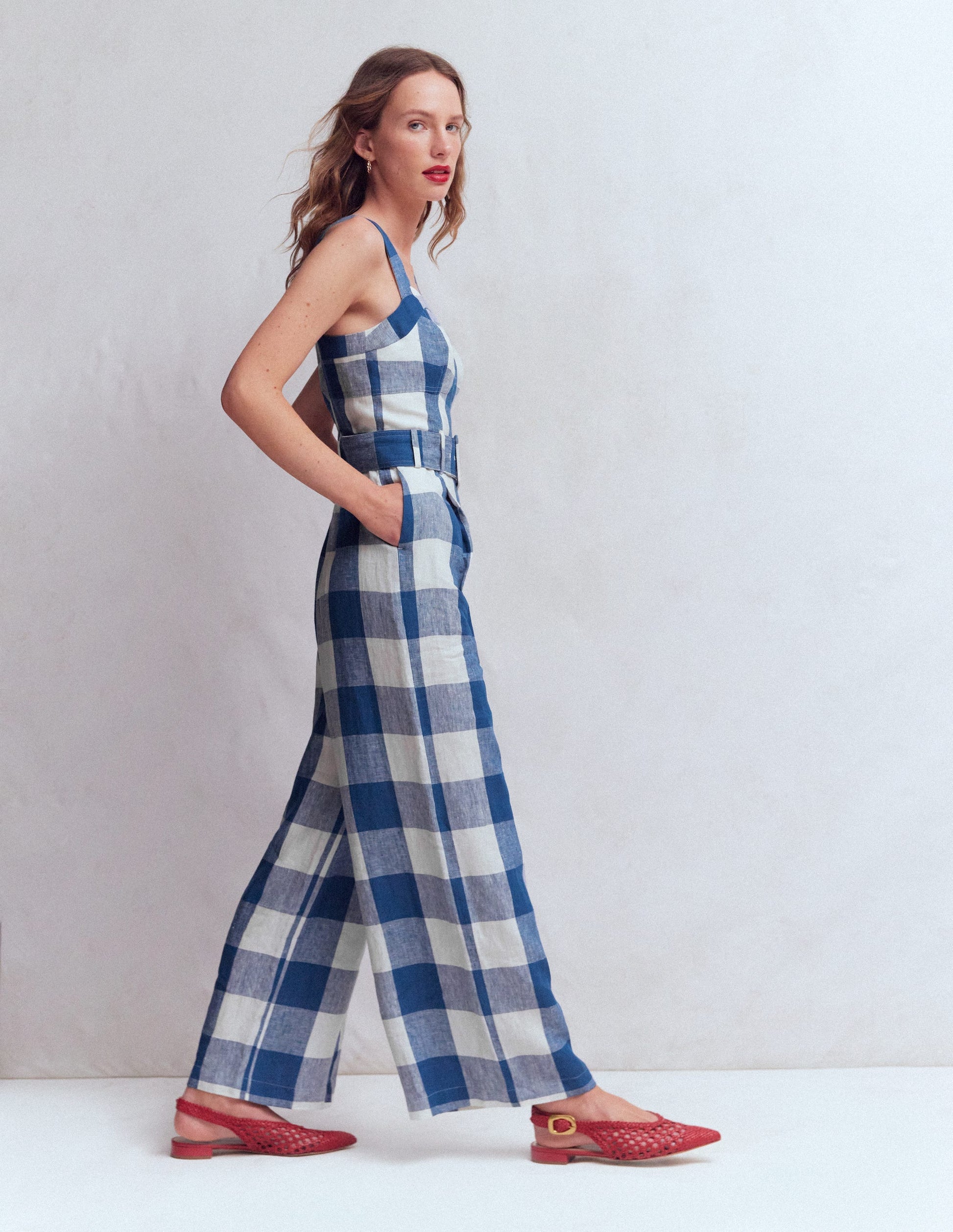 Leinen-Jumpsuit mit  Einsätzen am Oberteil-Denimblau Vichykaro-5
