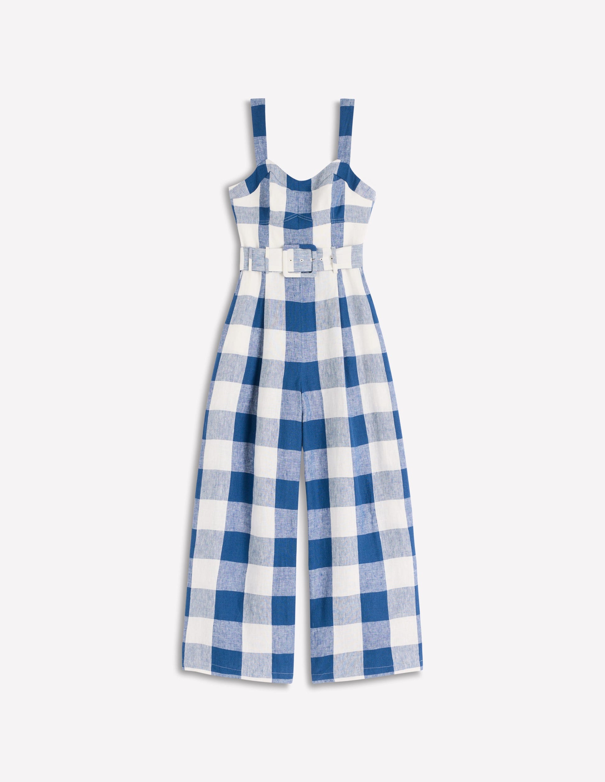 Leinen-Jumpsuit mit  Einsätzen am Oberteil-Denimblau Vichykaro-8