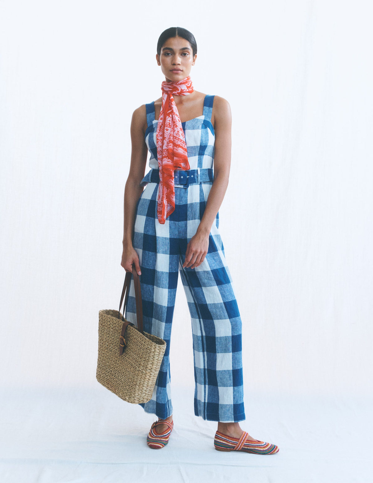 Leinen-Jumpsuit mit  Einsätzen am Oberteil-Denimblau Vichykaro-7