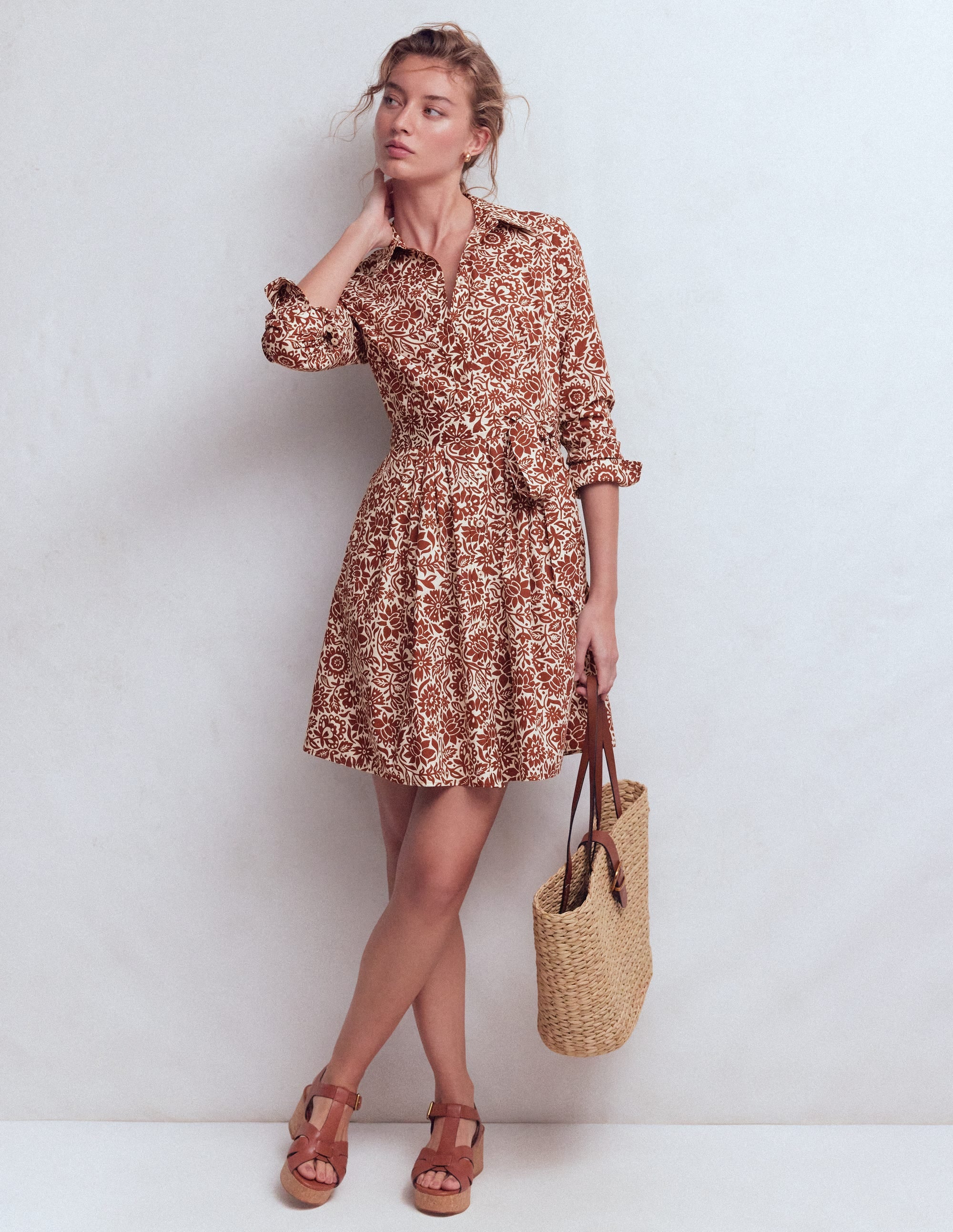 Alexa Long Sleeve Short Dress-Brown, Meadow Scatter - Image 1