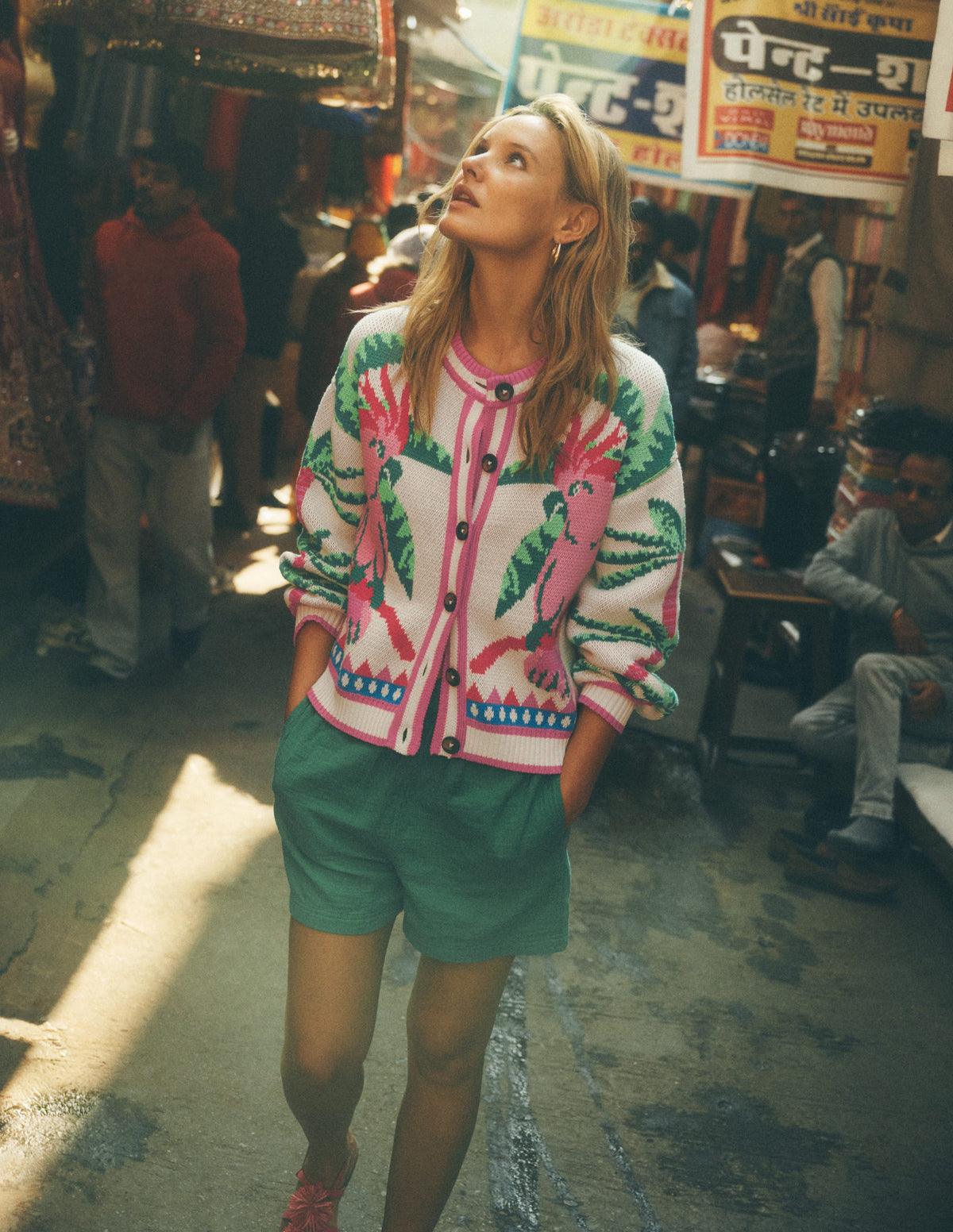 Abi Jacquard-Strickjacke-Warmes Naturweiß, Palmen Vögel - Image 8