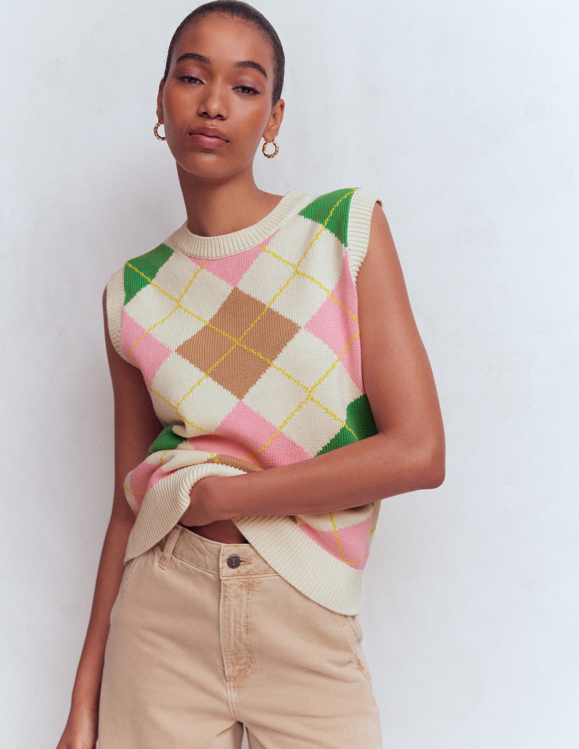 Débardeur Lucy en coton-Motif argyle vert, rose-1