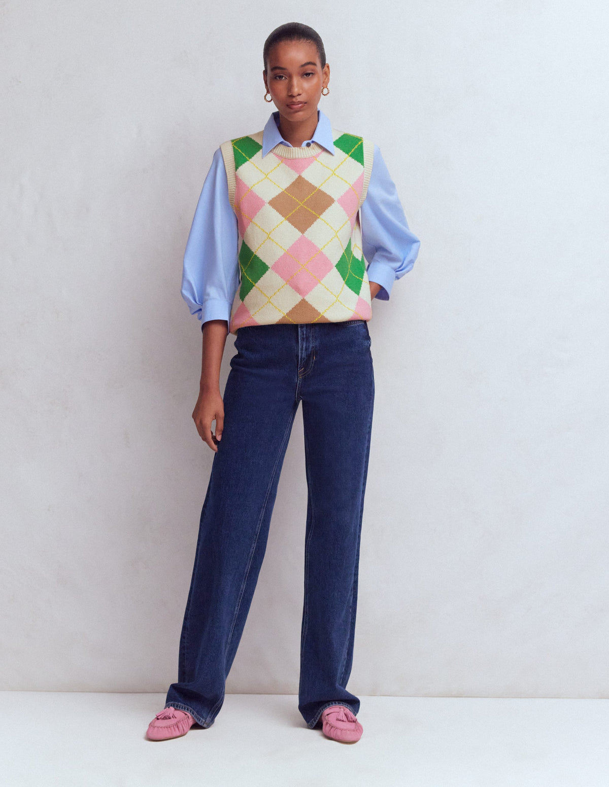 Débardeur Lucy en coton-Motif argyle vert, rose-5