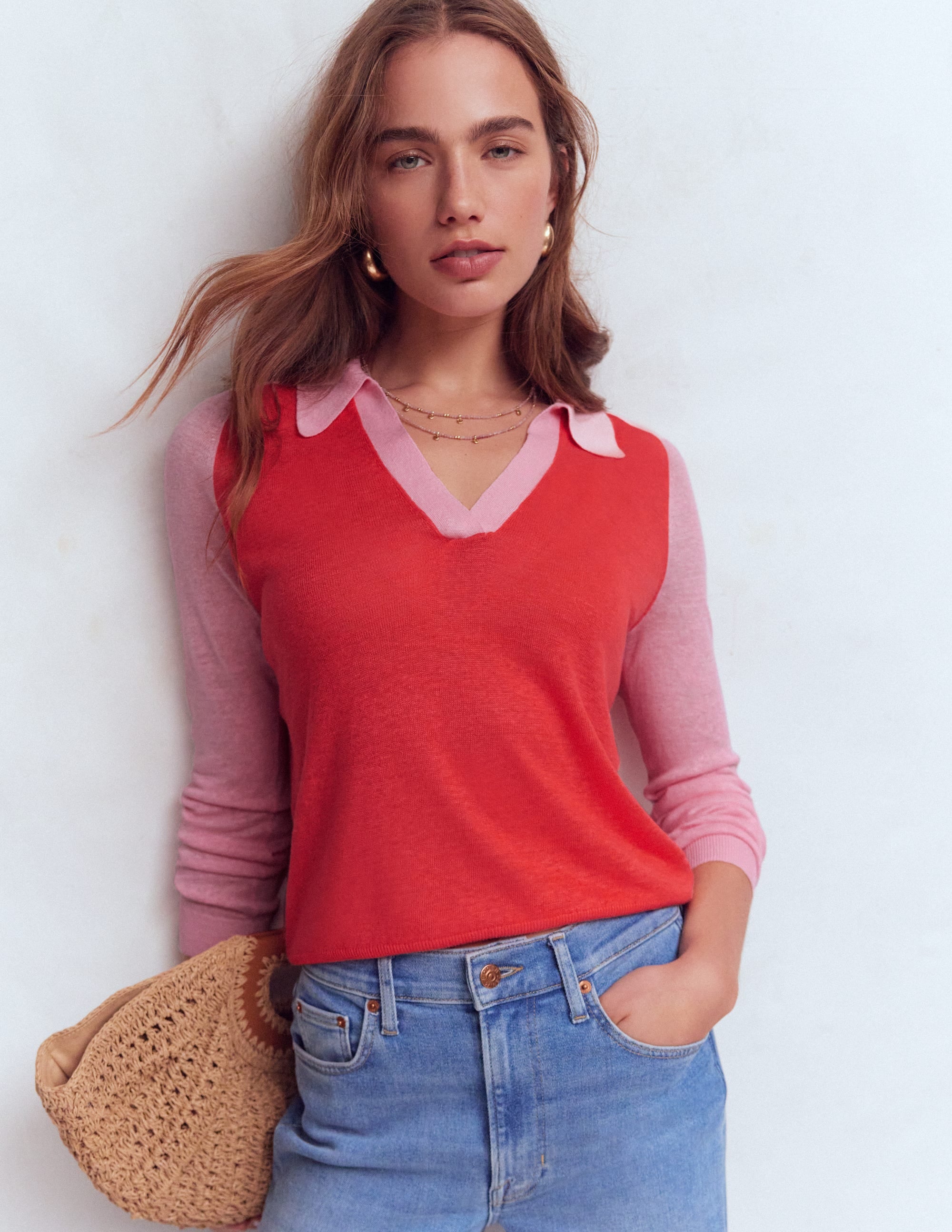 Agnes Leinenpullover mit Kragen-Sonniges Korallenrot / Kirschblütenrosa - Image 1