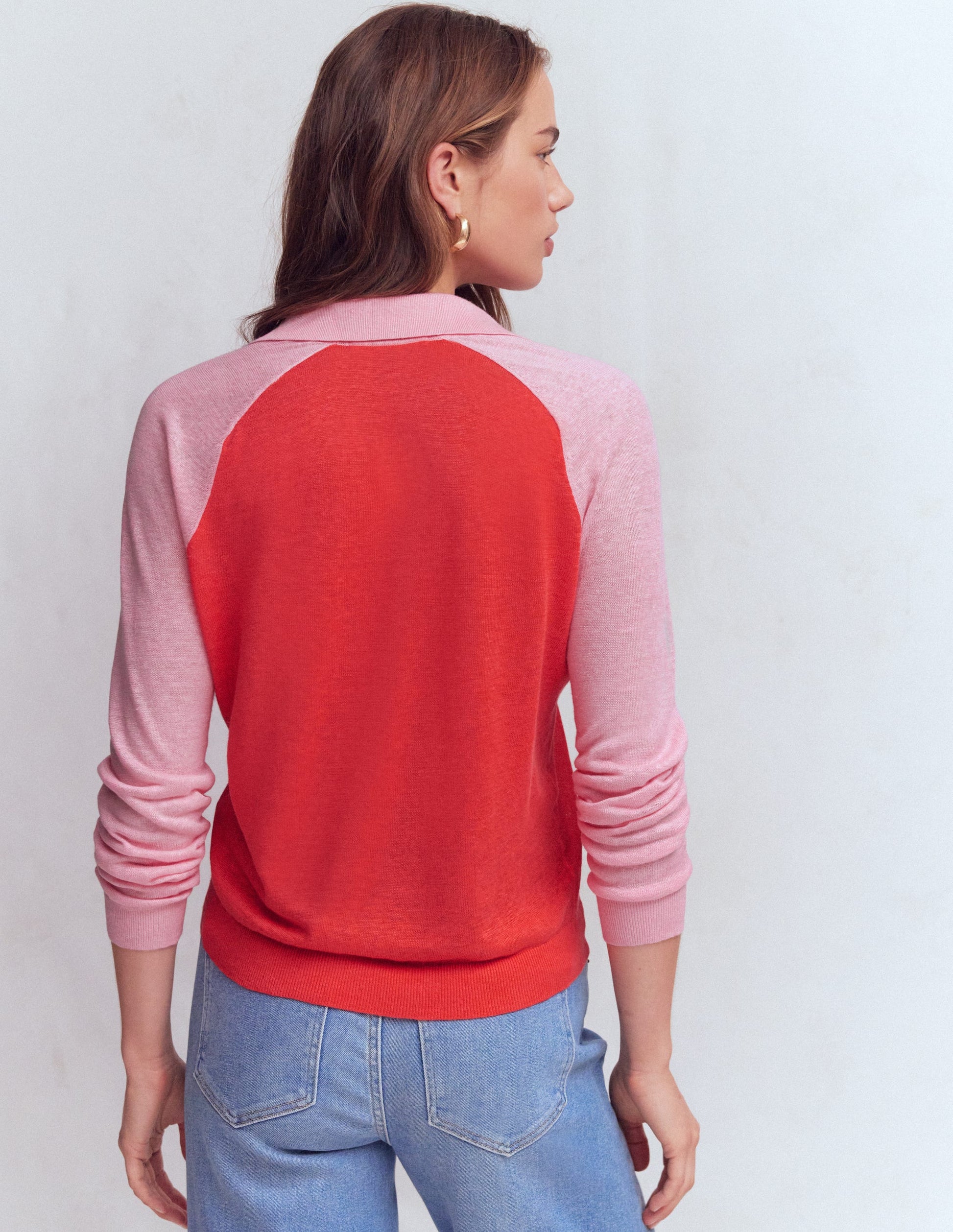 Agnes Leinenpullover mit Kragen-Sonniges Korallenrot / Kirschblütenrosa-3
