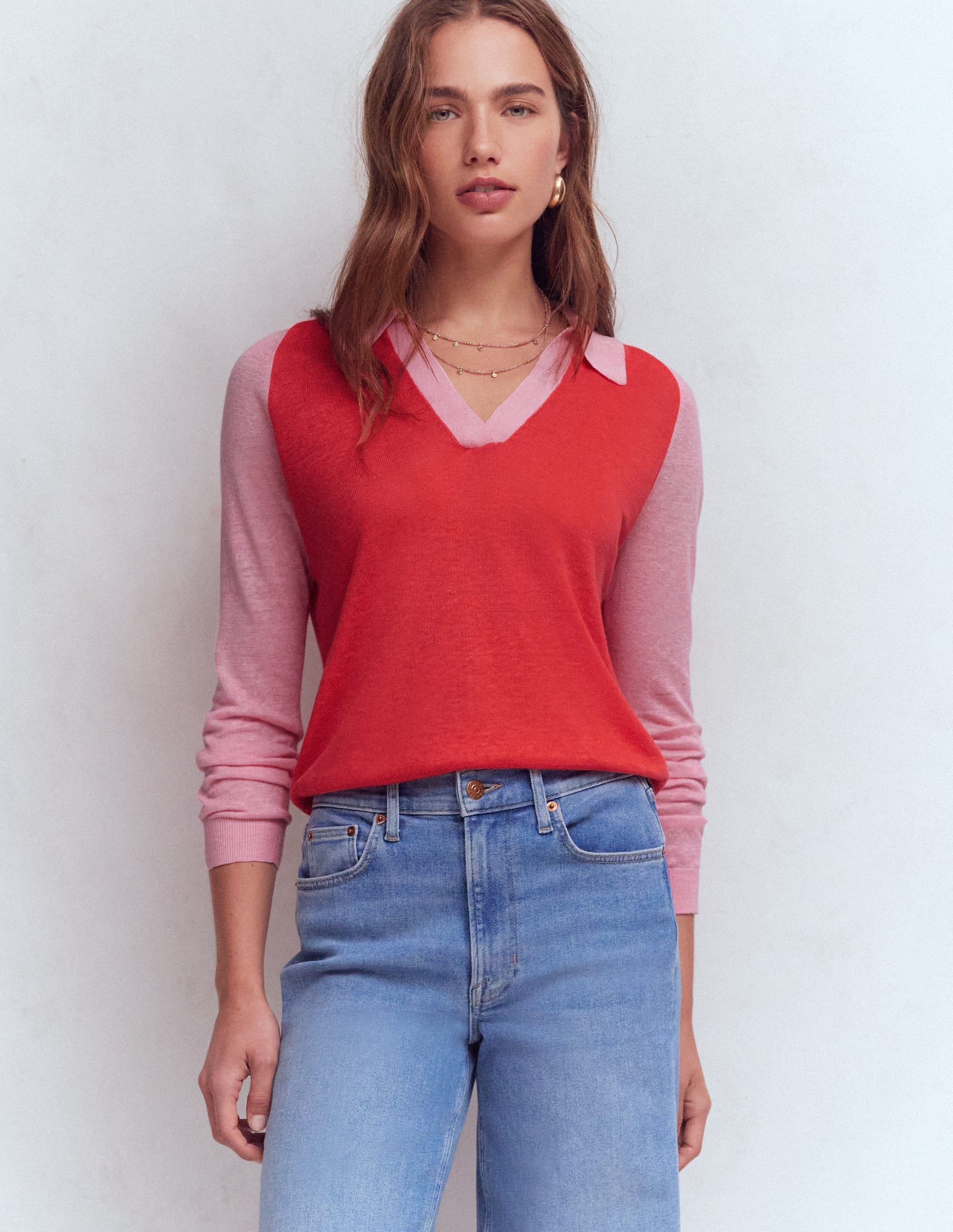 Agnes Leinenpullover mit Kragen-Sonniges Korallenrot / Kirschblütenrosa - Image 6