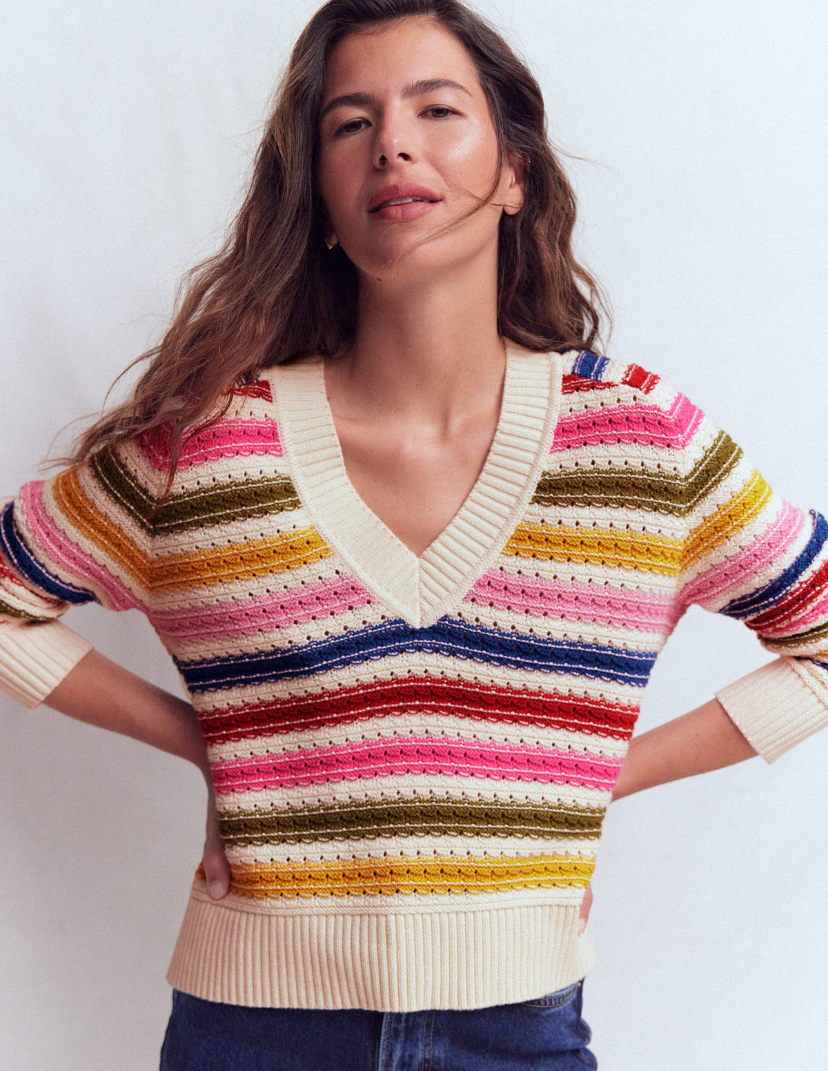 Texturierter Baumwollpullover-Ackerbohnengrün/Pink, Gestreift-4